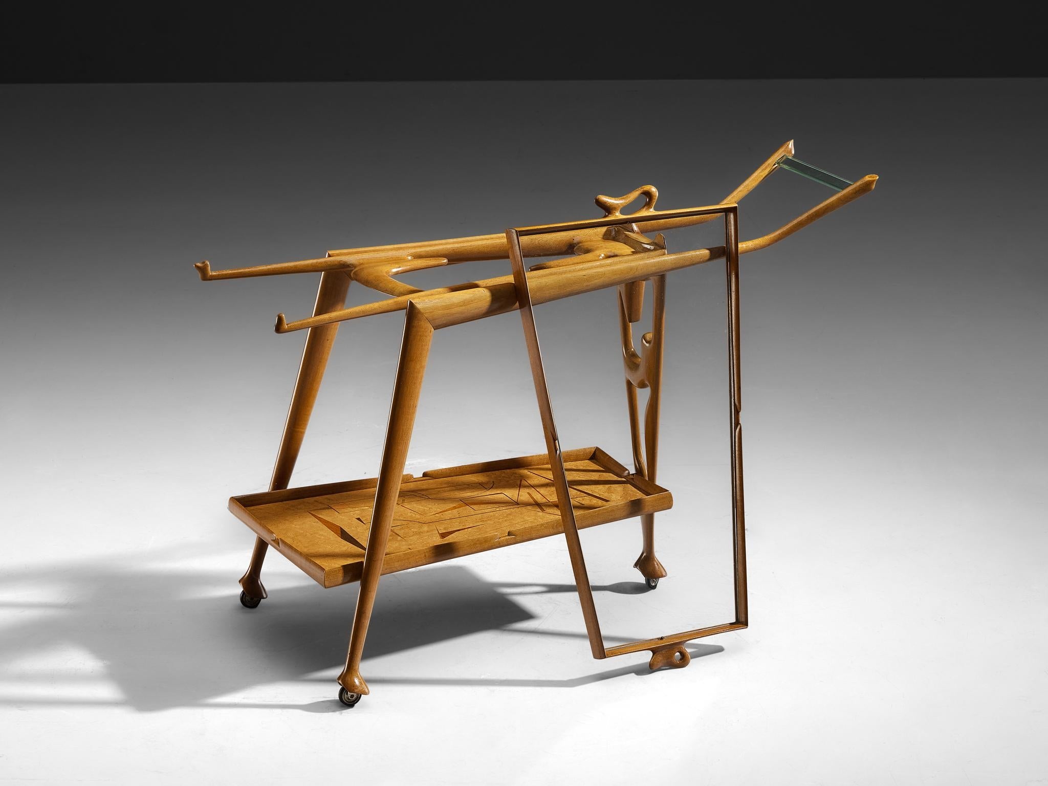 Rare Ivo Maretti Sculptural Bar Trolley in Walnut and Crystal Glass tables Morentz