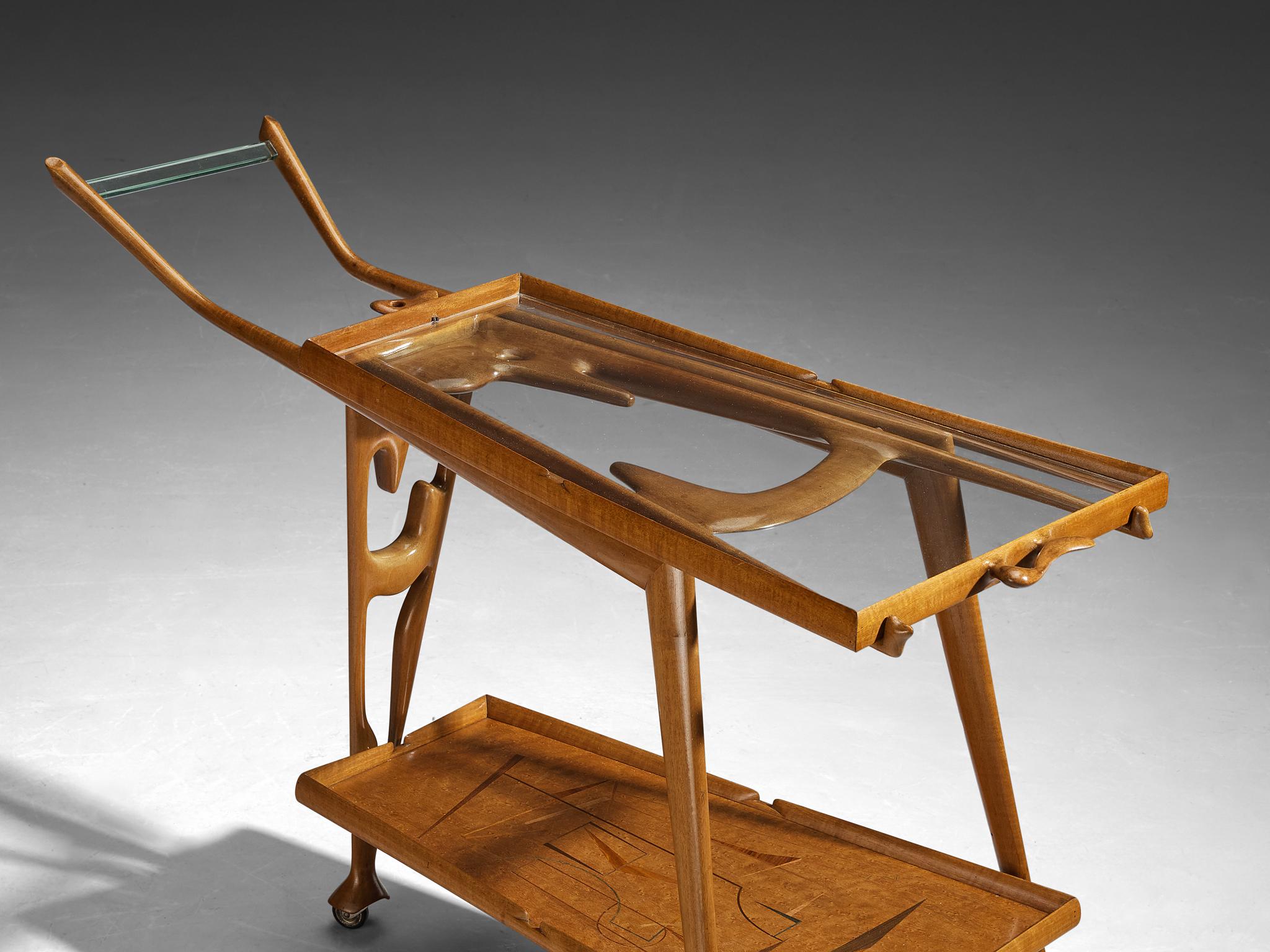 Rare Ivo Maretti Sculptural Bar Trolley in Walnut and Crystal Glass tables Morentz