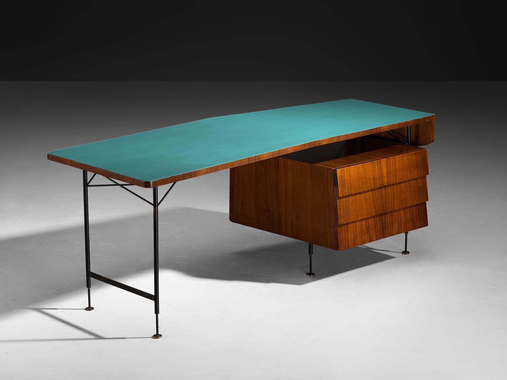 Merighi & Dall'Olmo Italian Desk in Teak, Iron and Turquoise Blue Top 1950s tables Morentz