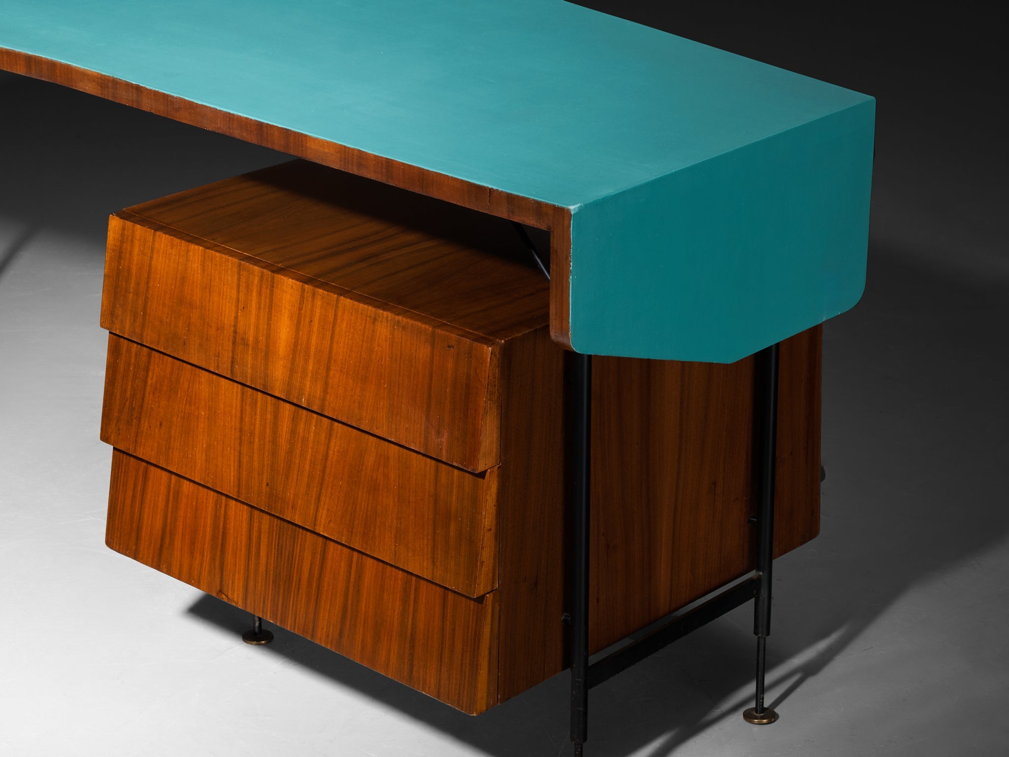 Merighi & Dall'Olmo Italian Desk in Teak, Iron and Turquoise Blue Top 1950s tables Morentz