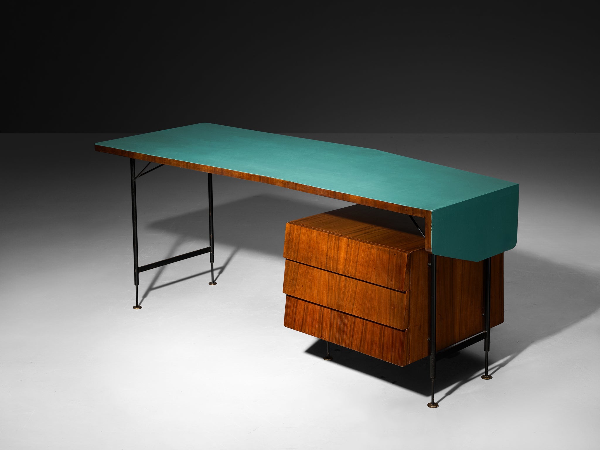 Merighi & Dall'Olmo Italian Desk in Teak, Iron and Turquoise Blue Top 1950s tables Morentz