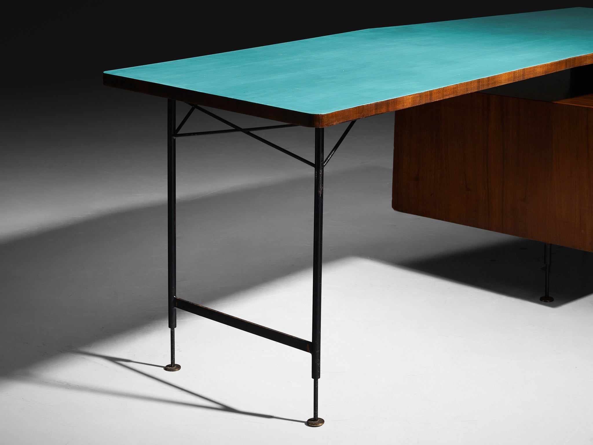 Merighi & Dall'Olmo Italian Desk in Teak, Iron and Turquoise Blue Top 1950s tables Morentz