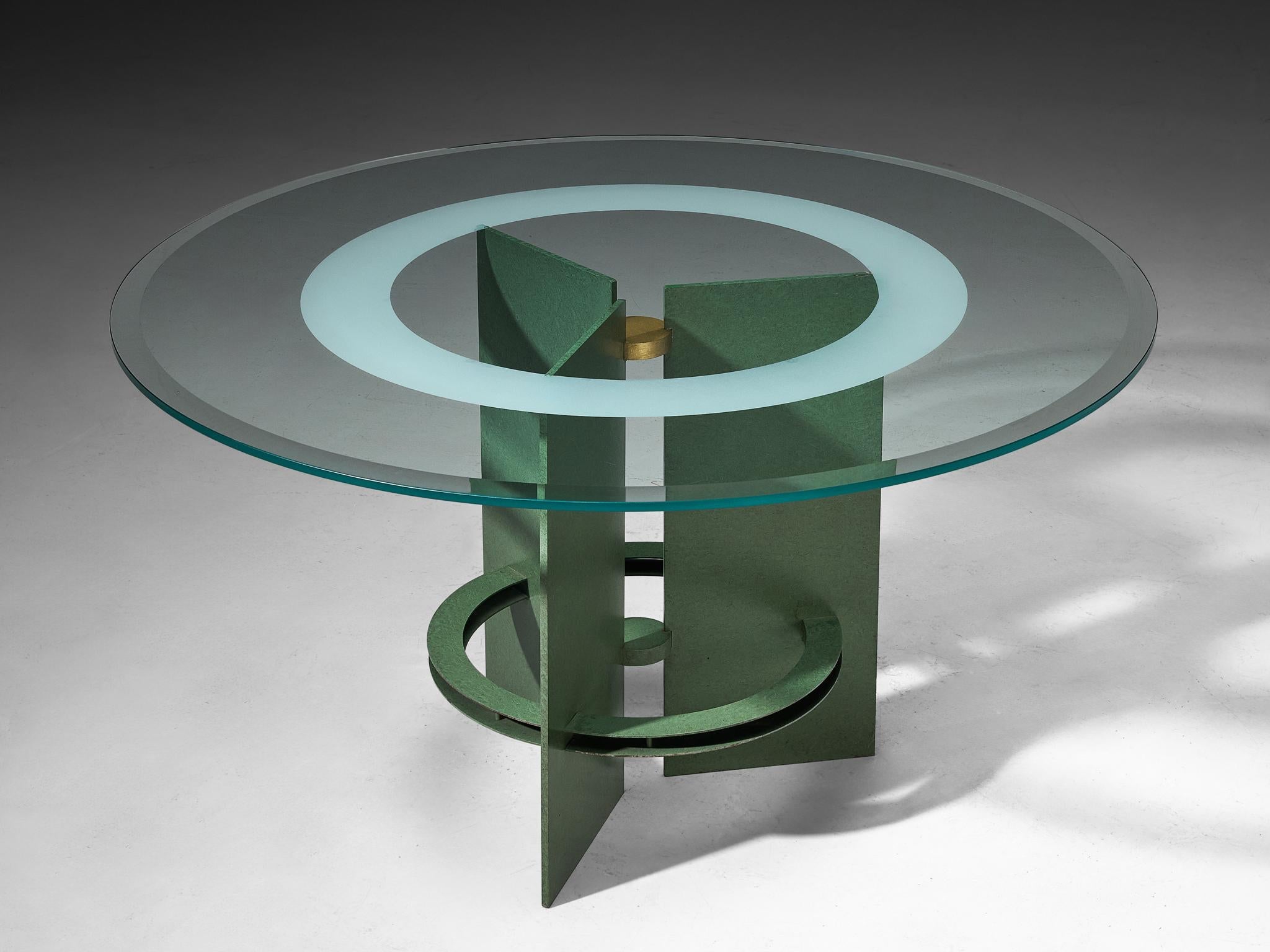 Art Deco Inspired Dining Table in Glass and Green Lacquered Steel tables Morentz