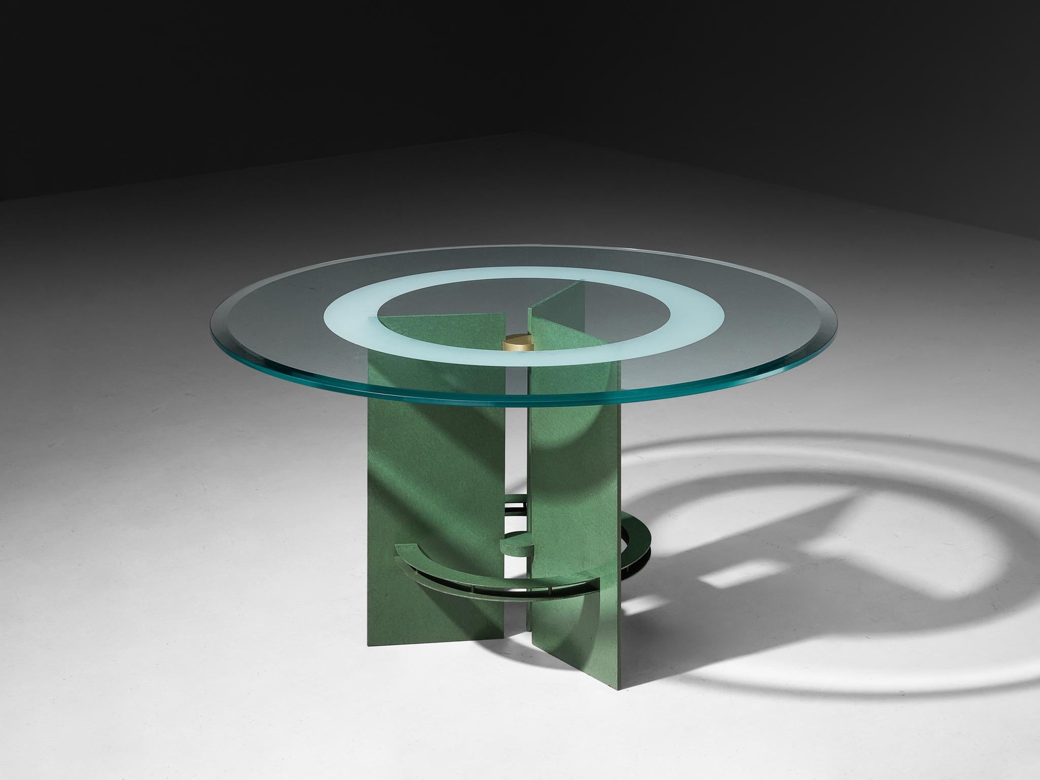 Art Deco Inspired Dining Table in Glass and Green Lacquered Steel tables Morentz