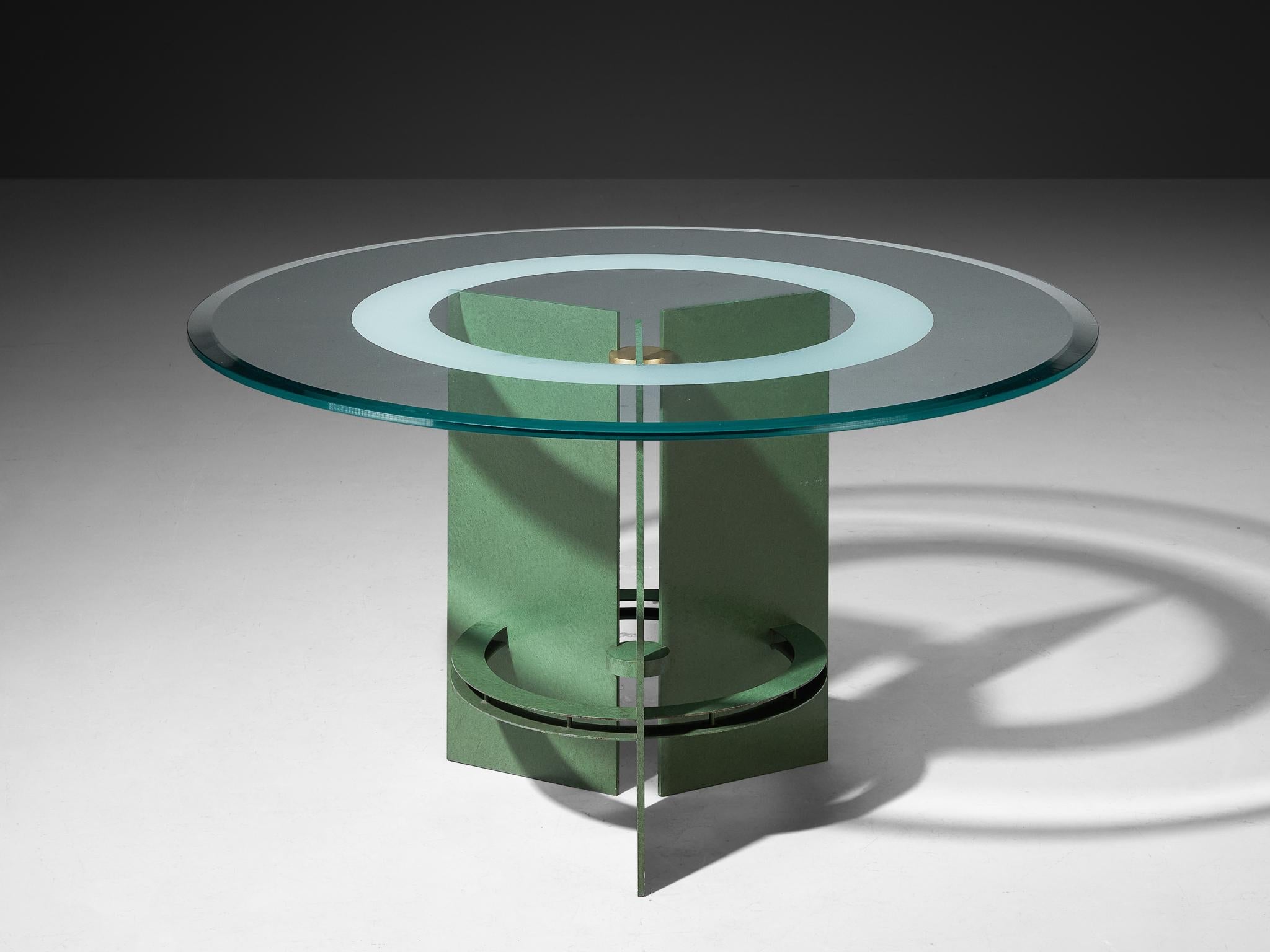 Art Deco Inspired Dining Table in Glass and Green Lacquered Steel tables Morentz