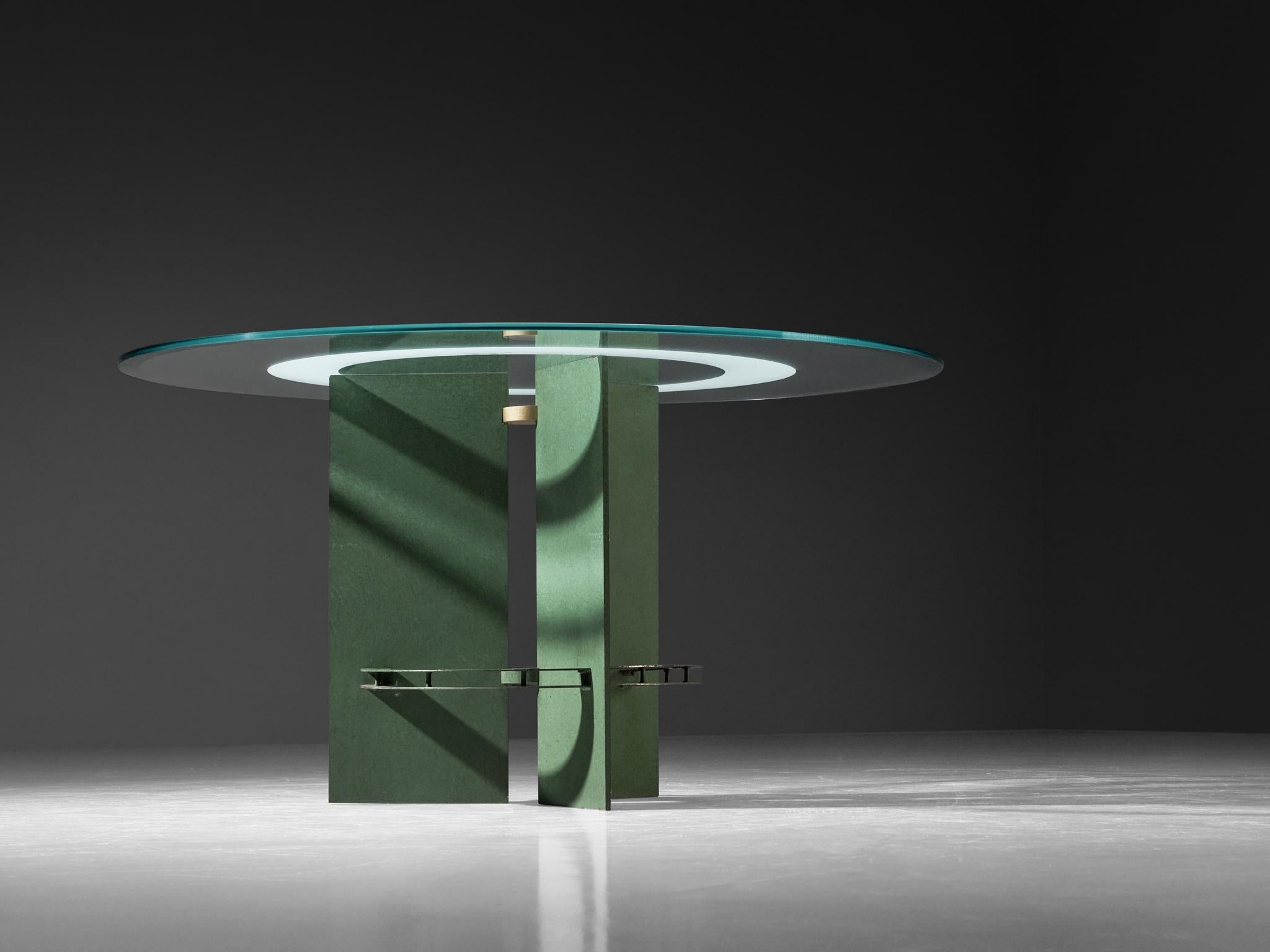 Art Deco Inspired Dining Table in Glass and Green Lacquered Steel tables Morentz