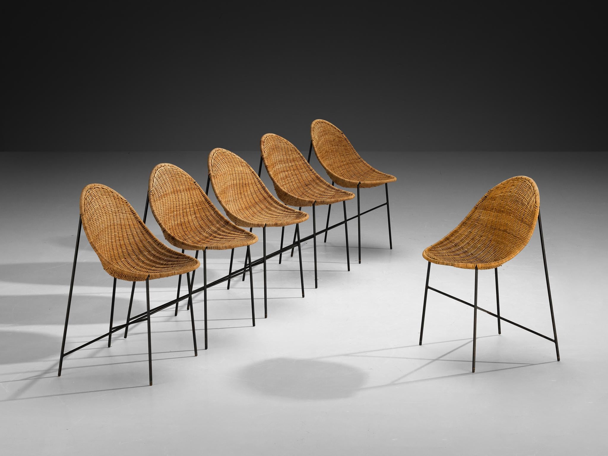 Georges and Hermine Laurent Set of Six Dining Chairs in Cane and Steel seating Morentz