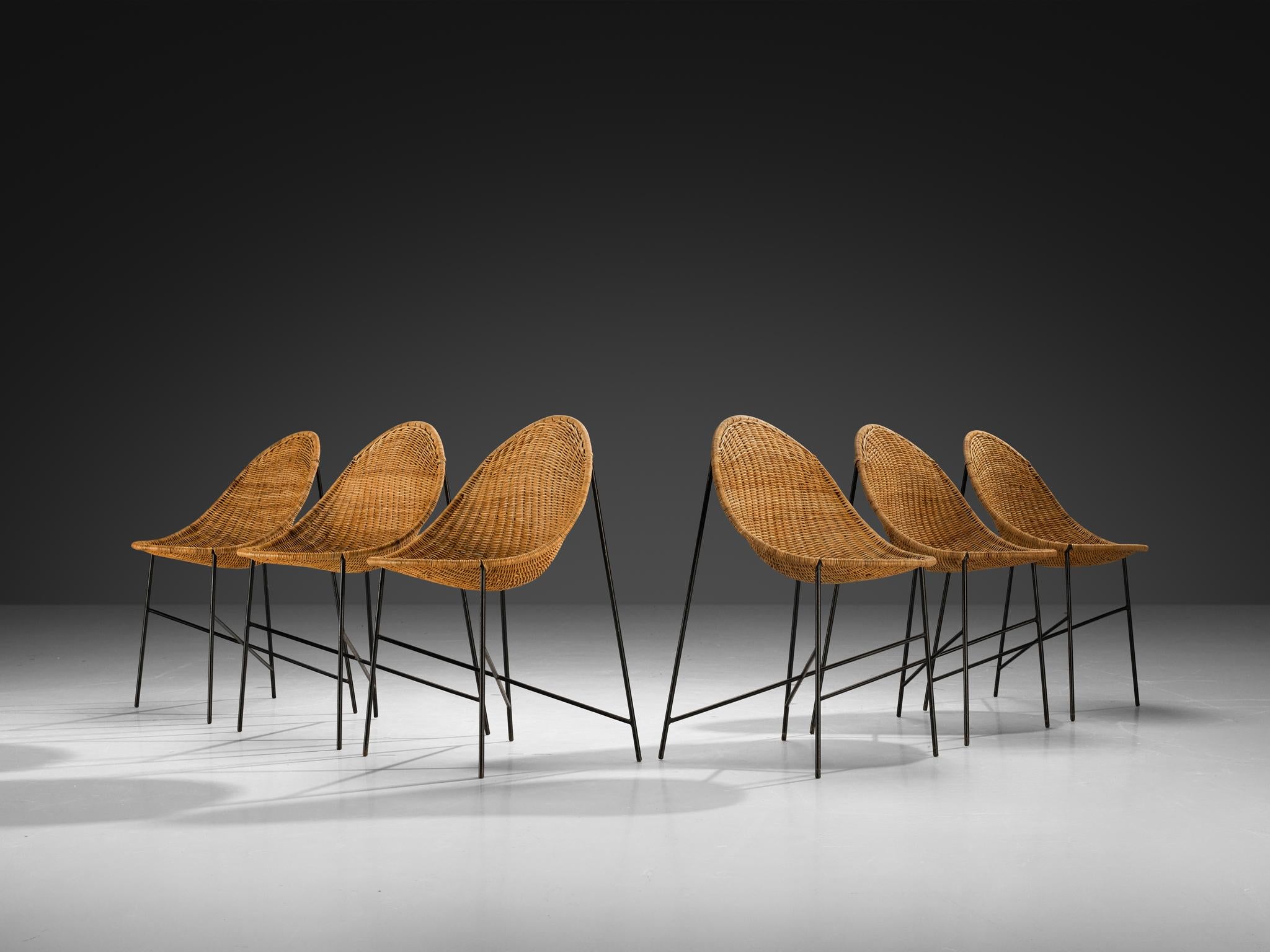 Georges and Hermine Laurent Set of Six Dining Chairs in Cane and Steel seating Morentz