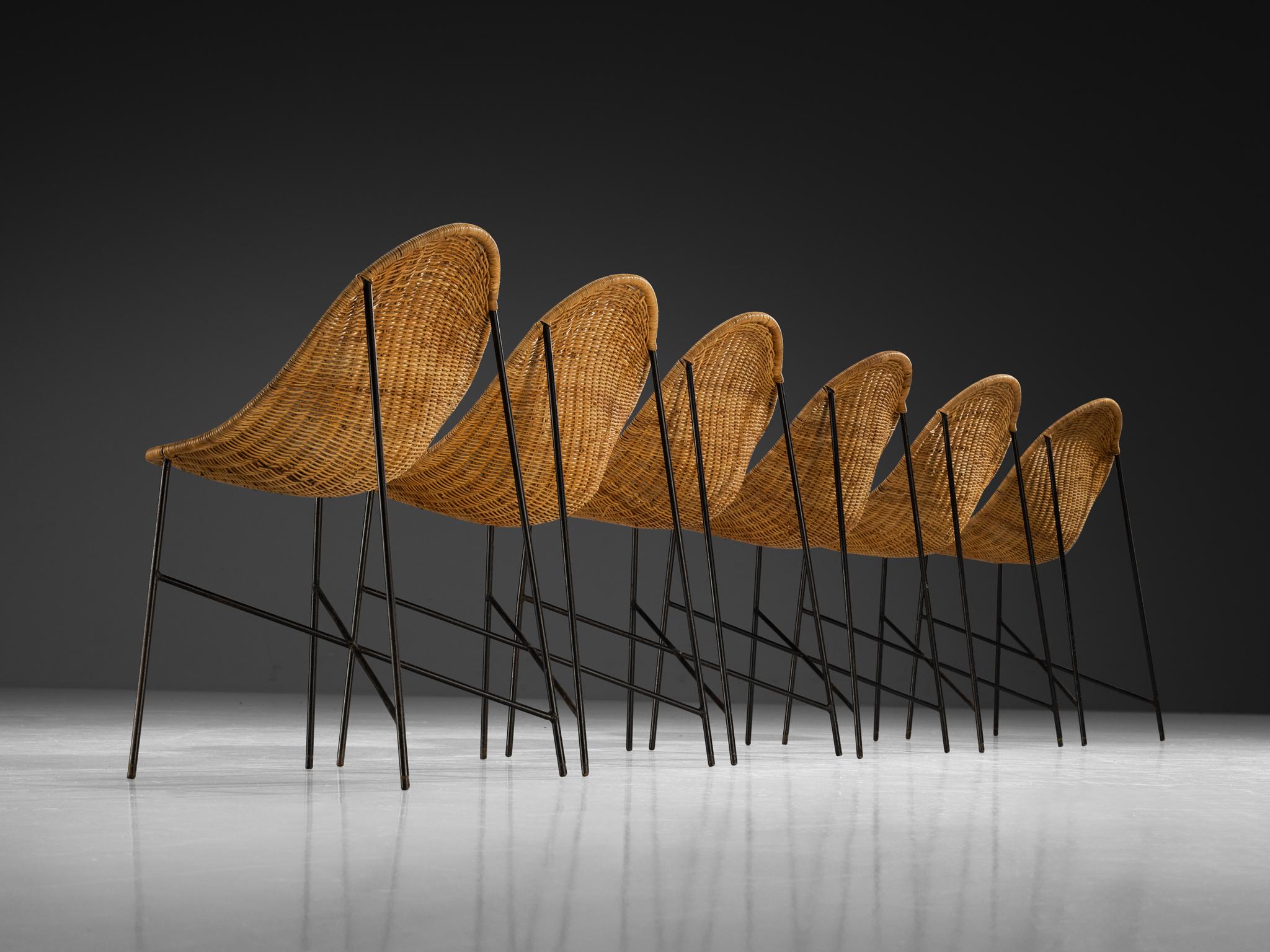 Georges and Hermine Laurent Set of Six Dining Chairs in Cane and Steel seating Morentz