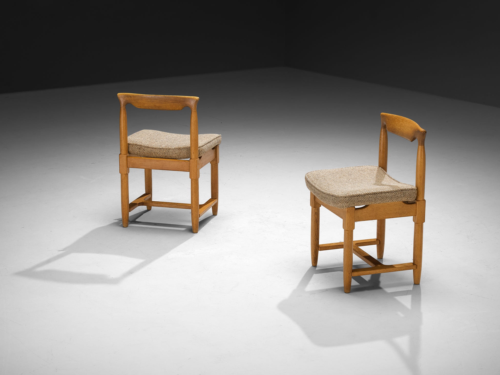 Guillerme & Chambron Set of Four Dining Chairs in Oak and Beige Fabric Seating Morentz