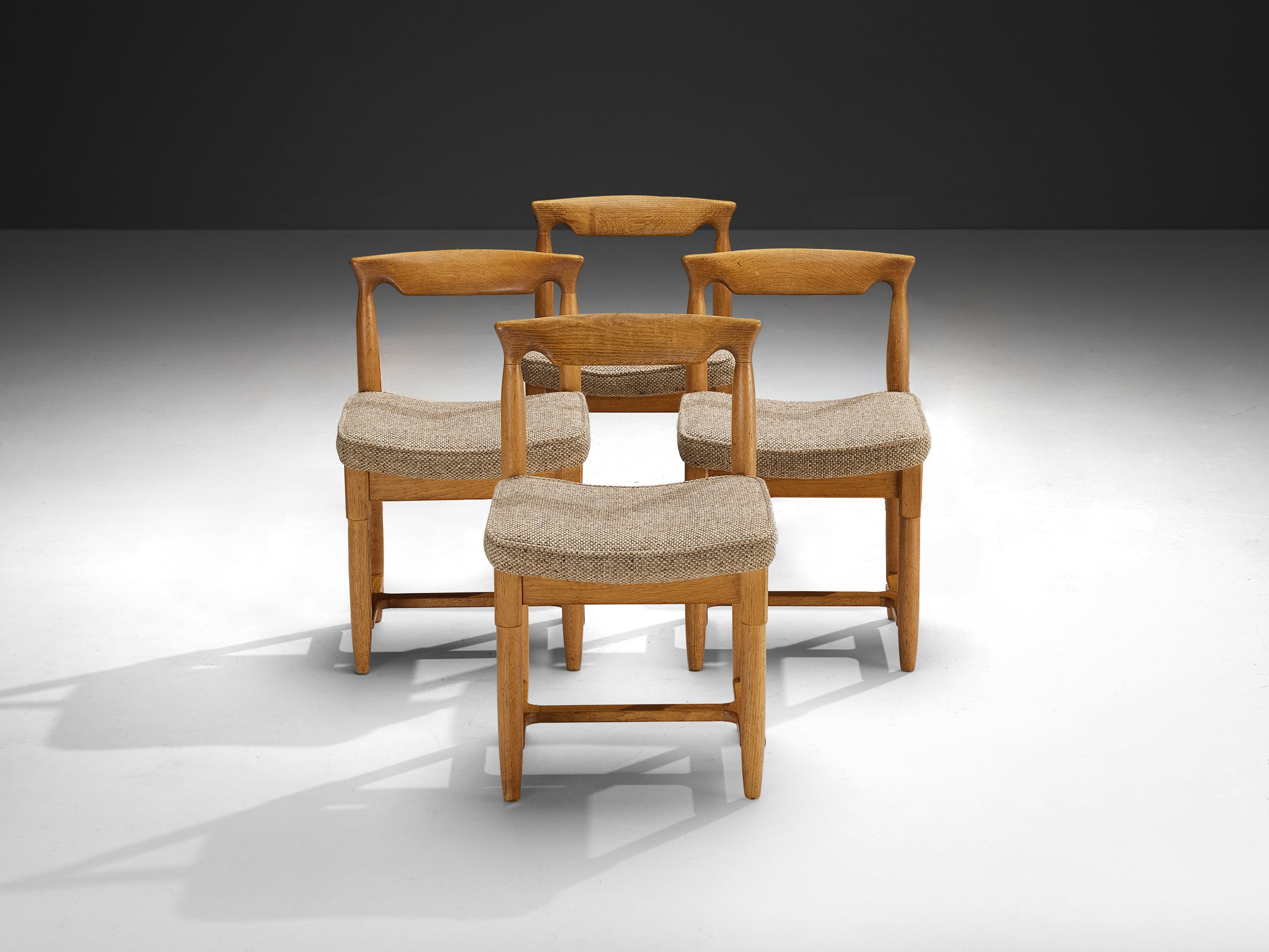 Guillerme & Chambron Set of Four Dining Chairs in Oak and Beige Fabric Seating Morentz