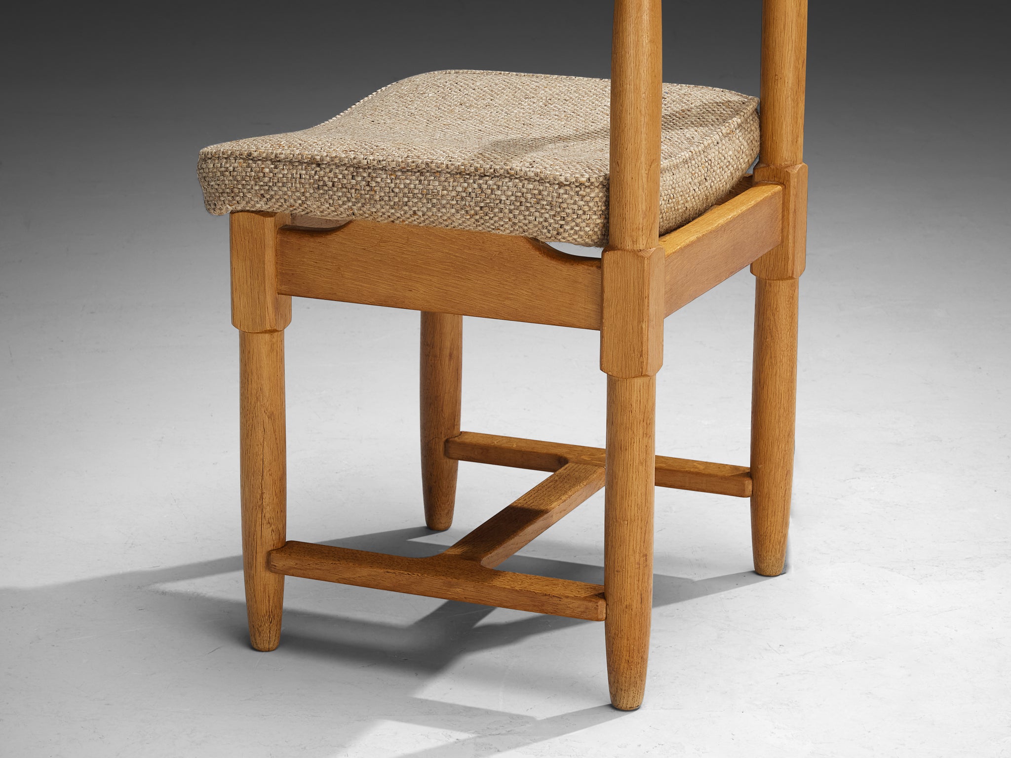 Guillerme & Chambron Set of Four Dining Chairs in Oak and Beige Fabric Seating Morentz