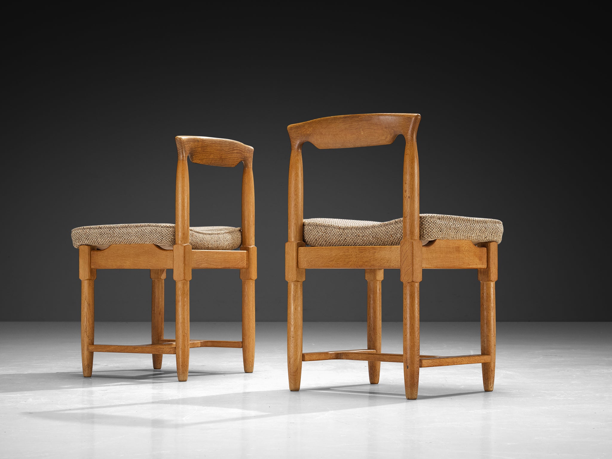 Guillerme & Chambron Set of Four Dining Chairs in Oak and Beige Fabric Seating Morentz