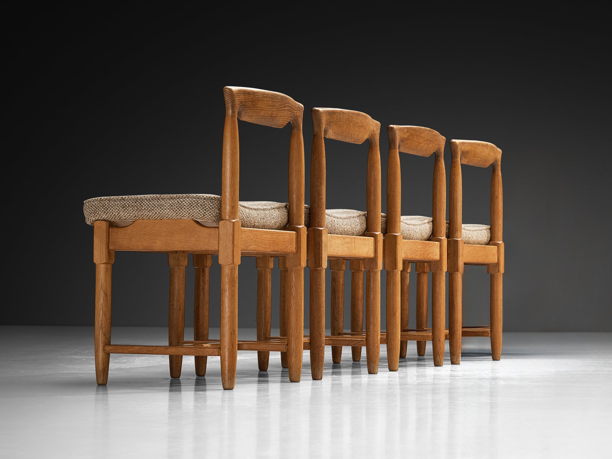 Guillerme & Chambron Set of Four Dining Chairs in Oak and Beige Fabric Seating Morentz