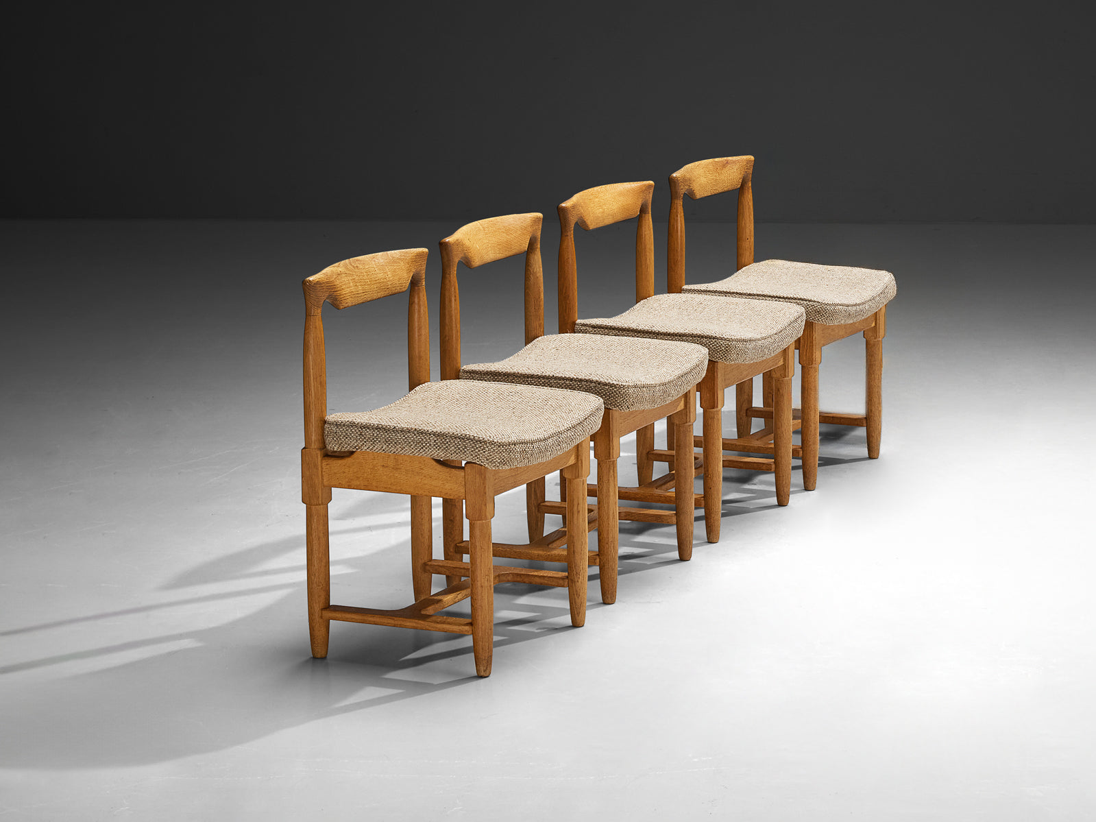 Guillerme & Chambron Set of Four Dining Chairs in Oak and Beige Fabric Seating Morentz