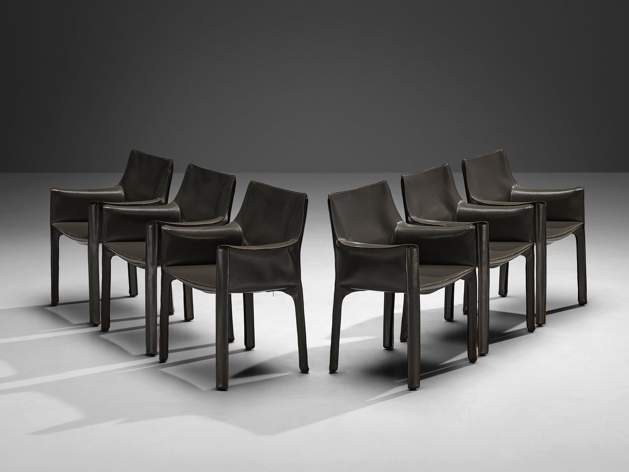 Mario Bellini for Cassina CAB 413 Set of Six Dining Chairs in Grey Leather Seating Morentz