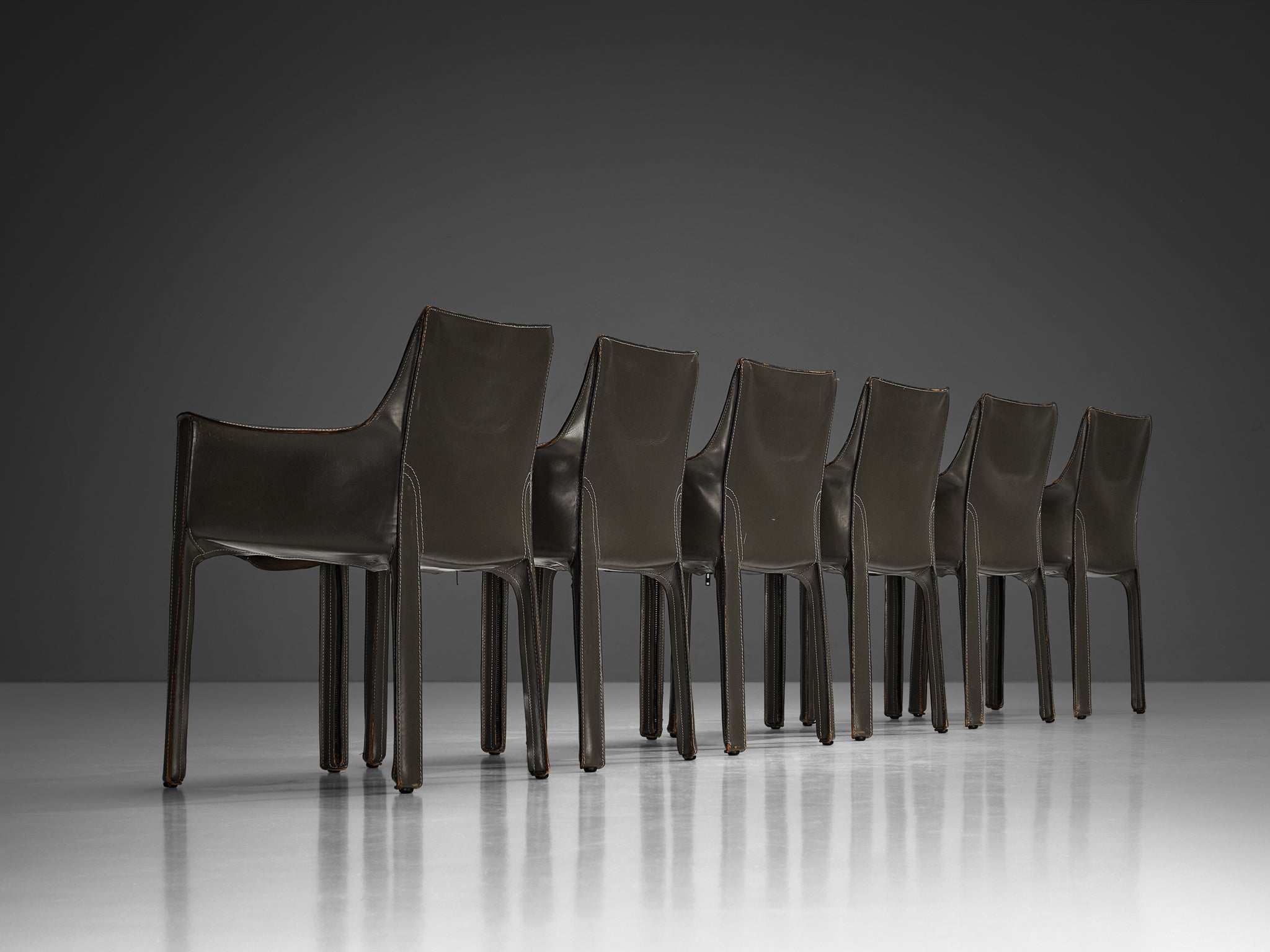 Mario Bellini for Cassina CAB 413 Set of Six Dining Chairs in Grey Leather Seating Morentz