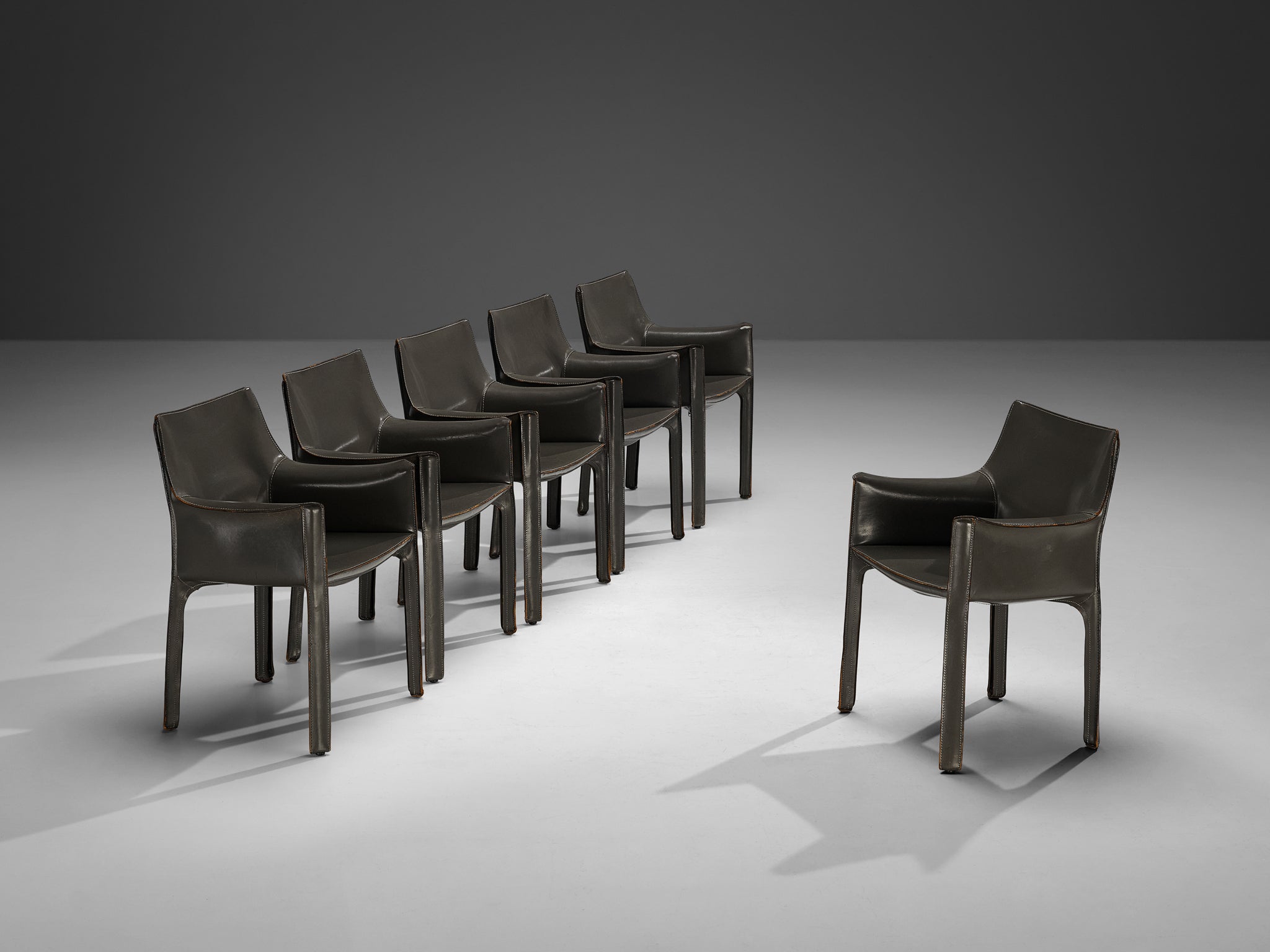 Mario Bellini for Cassina CAB 413 Set of Six Dining Chairs in Grey Leather Seating Morentz