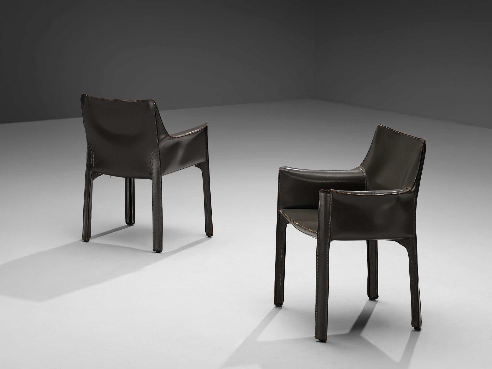 Mario Bellini for Cassina CAB 413 Set of Six Dining Chairs in Grey Leather Seating Morentz