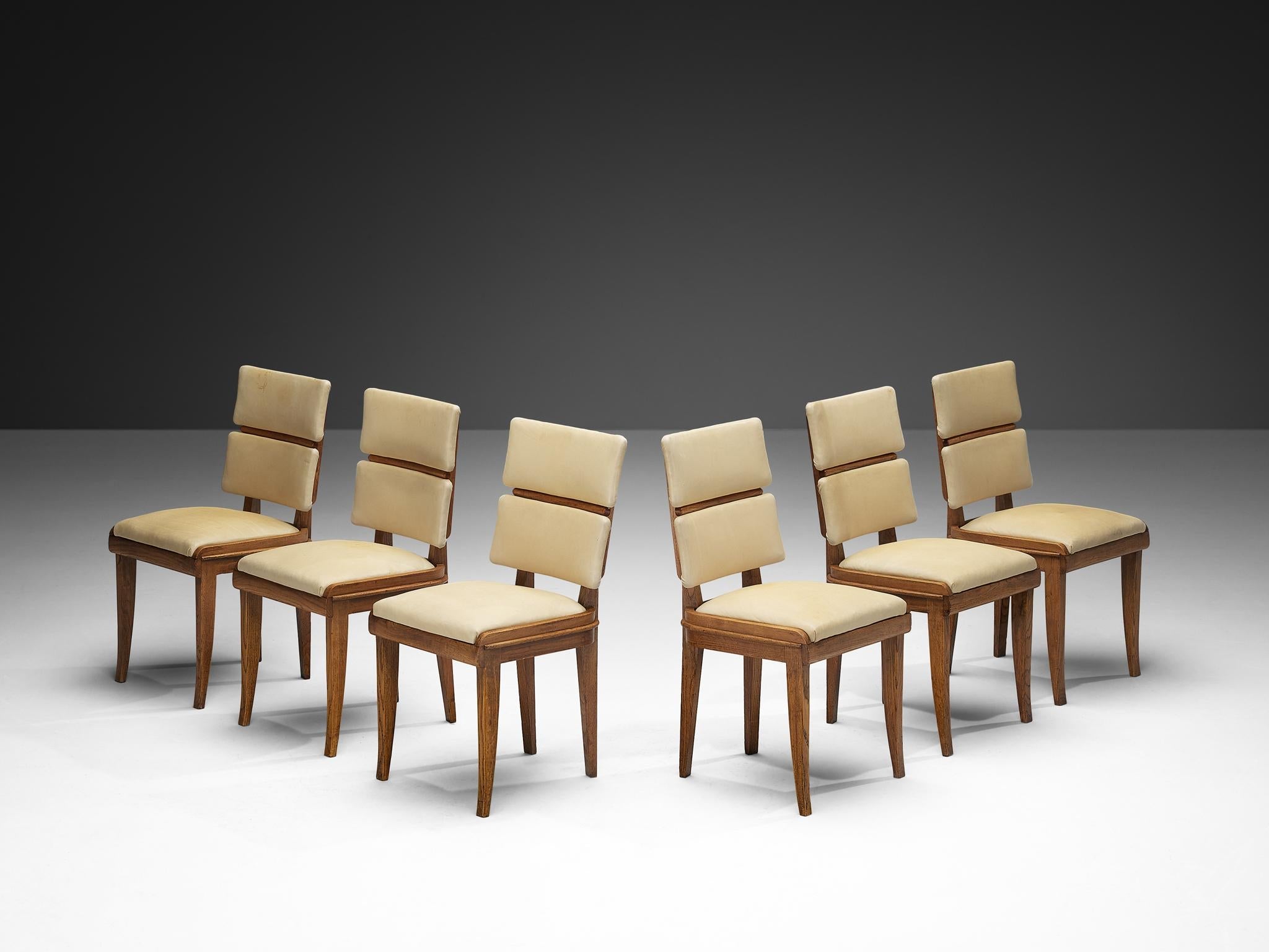 Set of Six Italian Art Deco Dining Chairs in Oak Brass & Light Beige Fabric seating Morentz