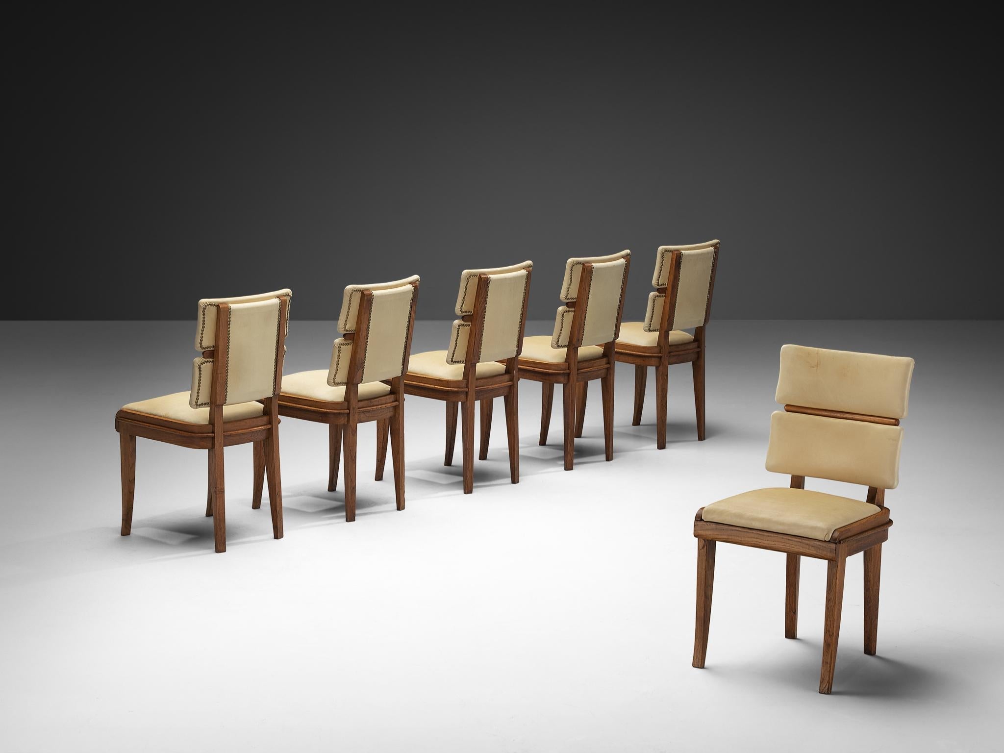Set of Six Italian Art Deco Dining Chairs in Oak Brass & Light Beige Fabric seating Morentz