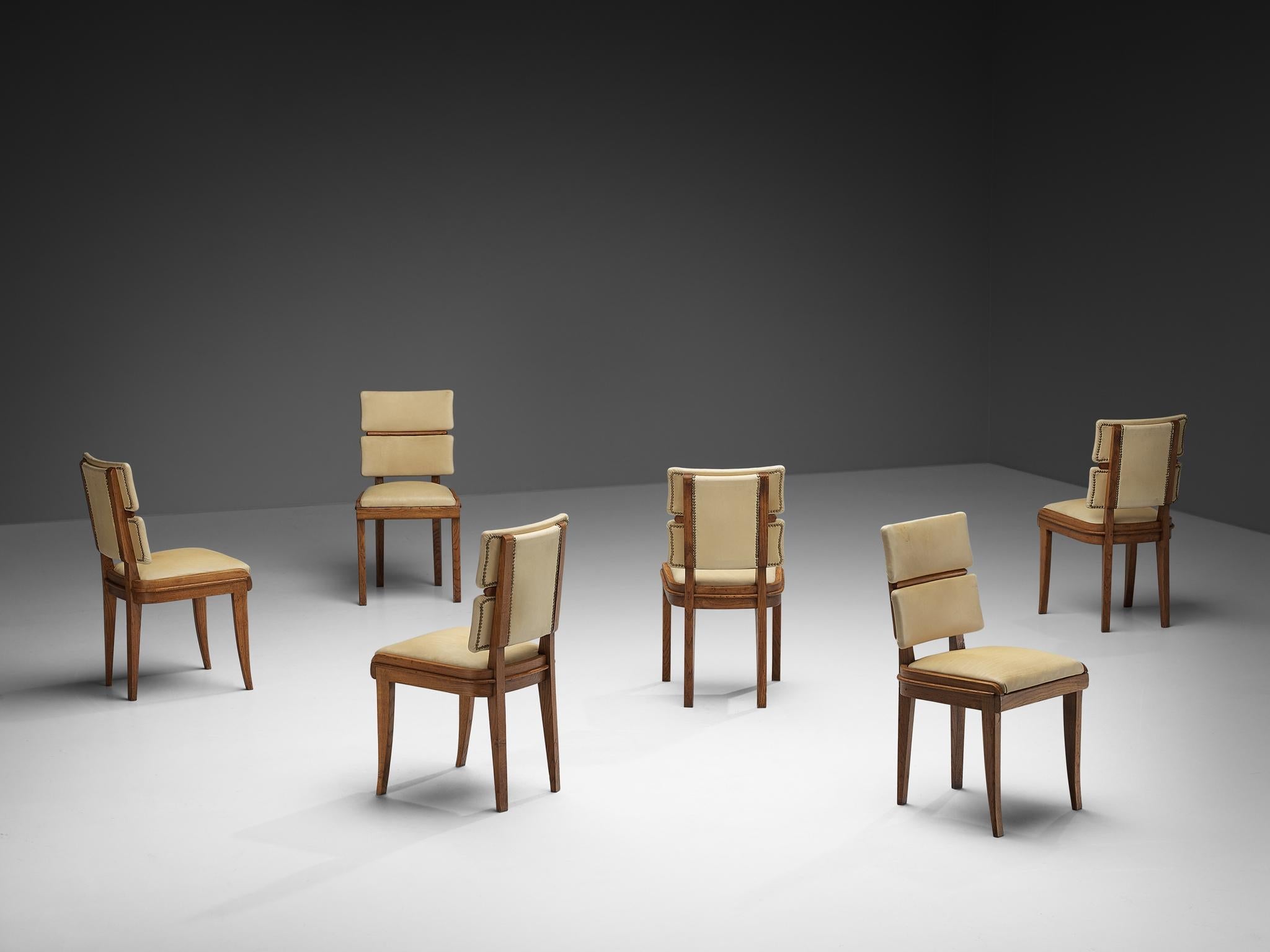 Set of Six Italian Art Deco Dining Chairs in Oak Brass & Light Beige Fabric seating Morentz