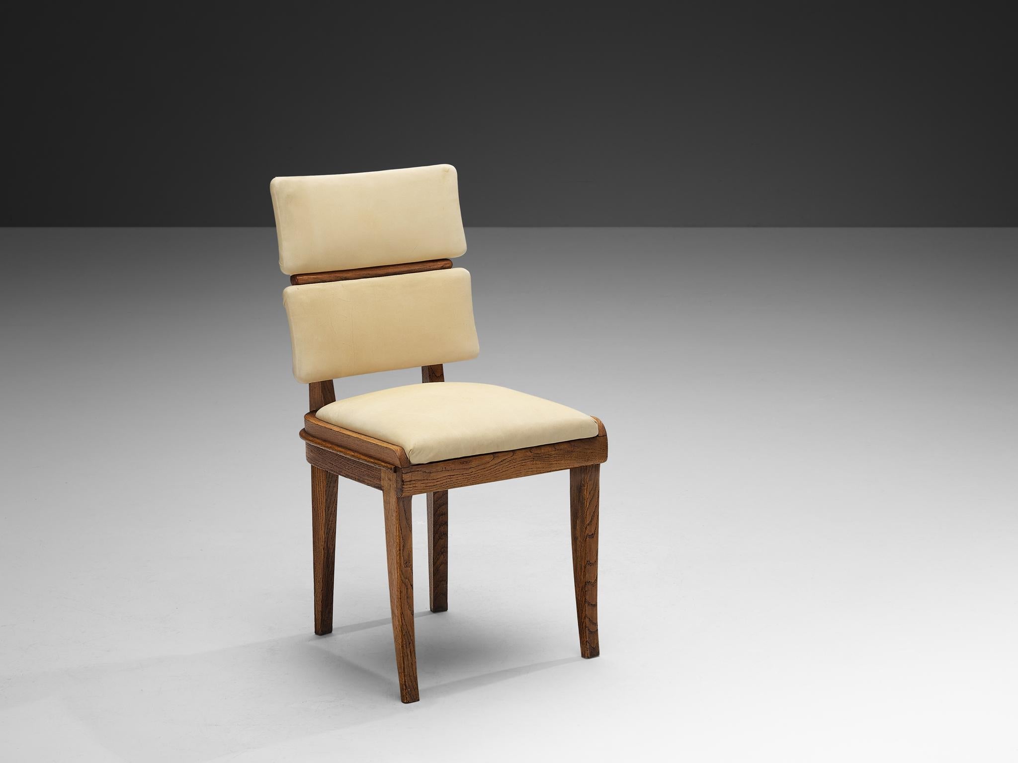 Set of Six Italian Art Deco Dining Chairs in Oak Brass & Light Beige Fabric seating Morentz