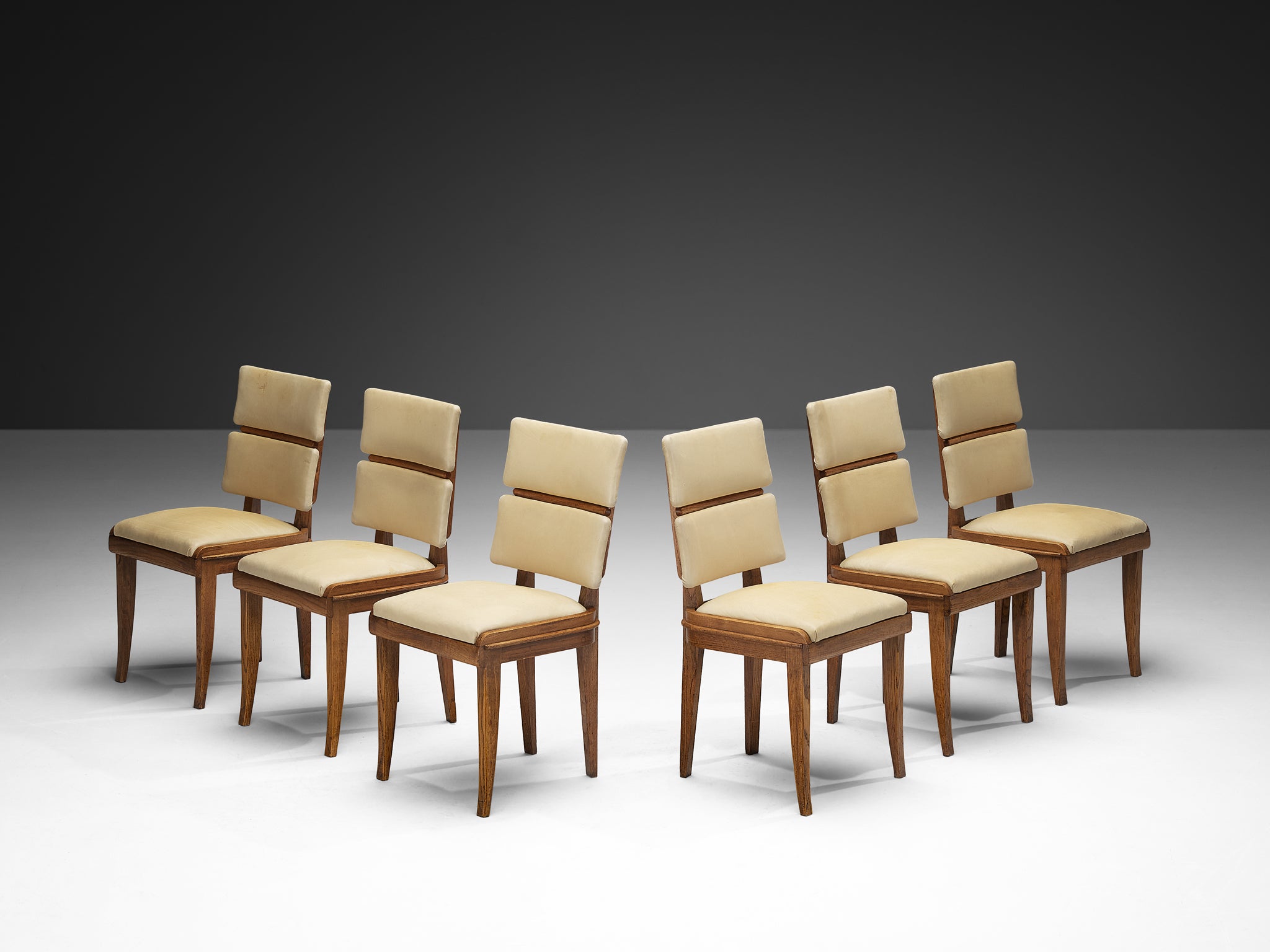 Set of Six Italian Art Deco Dining Chairs in Oak Brass & Light Beige Fabric Seating Morentz
