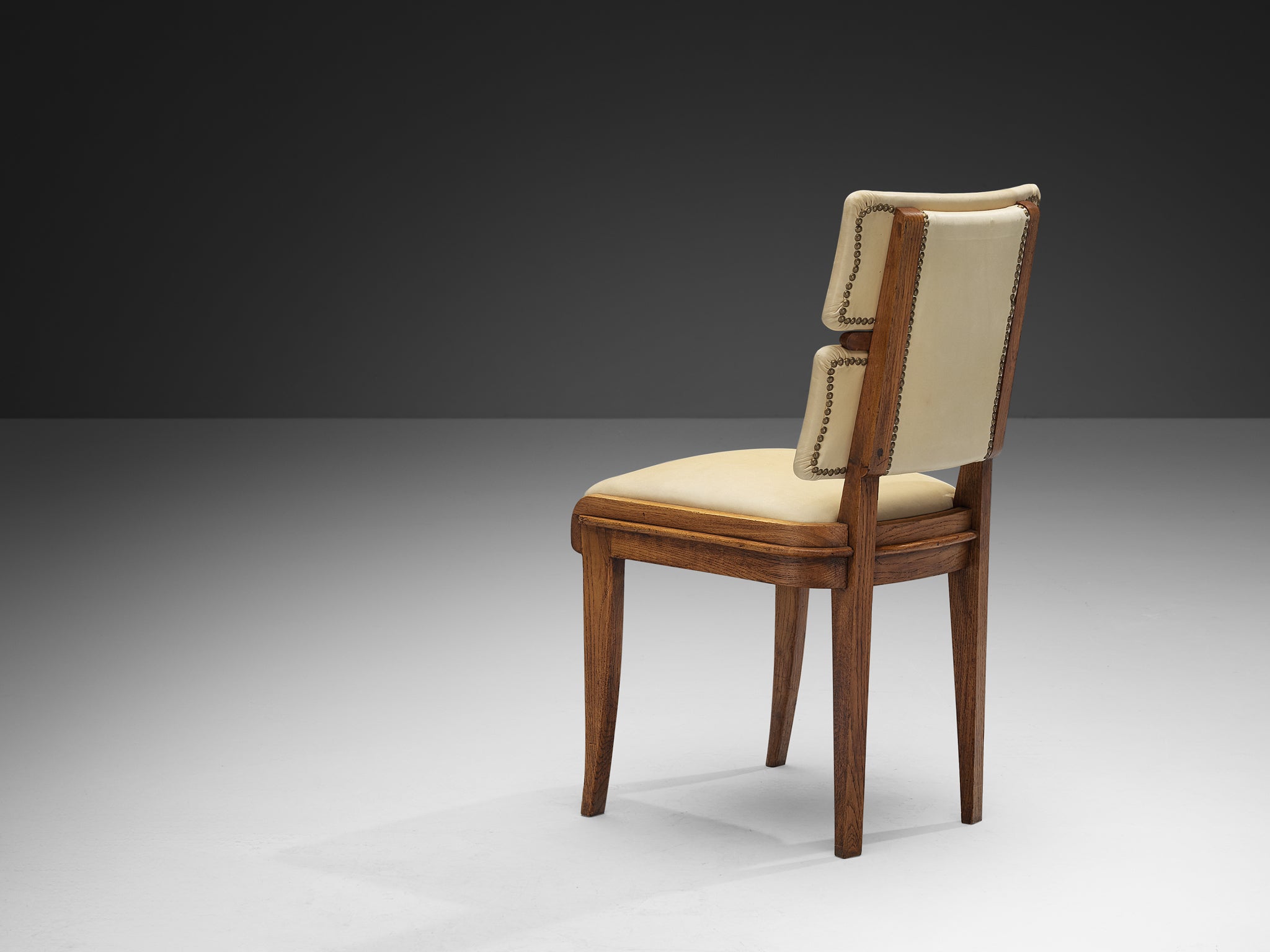 Set of Six Italian Art Deco Dining Chairs in Oak Brass & Light Beige Fabric Seating Morentz