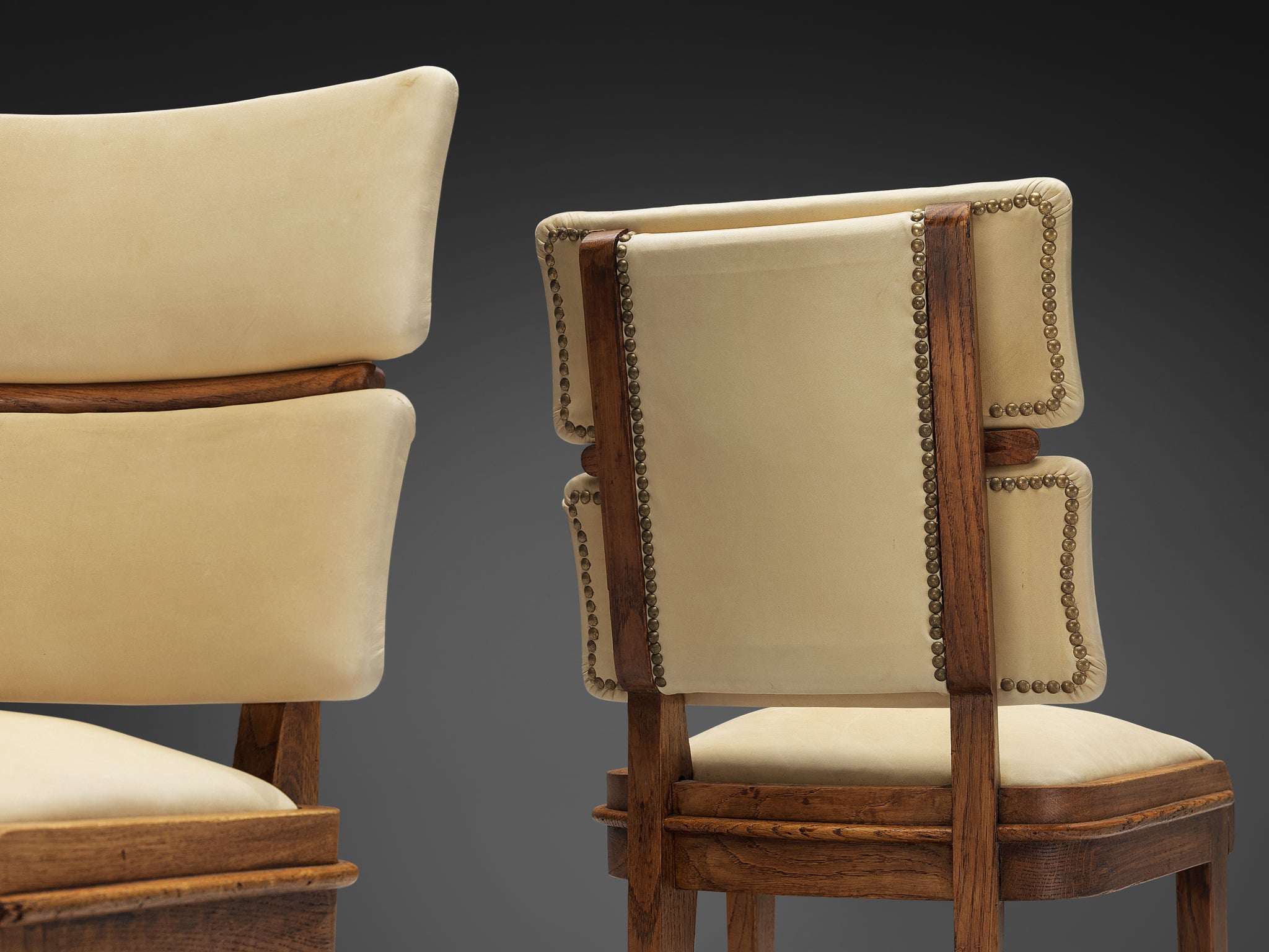 Set of Six Italian Art Deco Dining Chairs in Oak Brass & Light Beige Fabric Seating Morentz