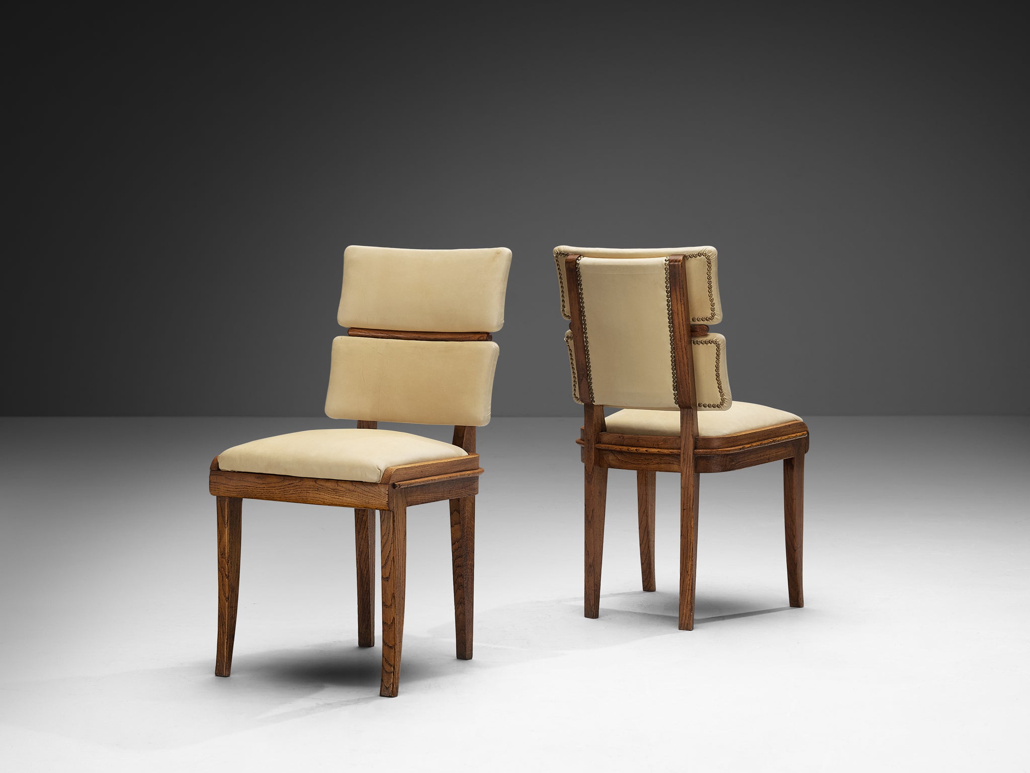 Set of Six Italian Art Deco Dining Chairs in Oak Brass & Light Beige Fabric Seating Morentz