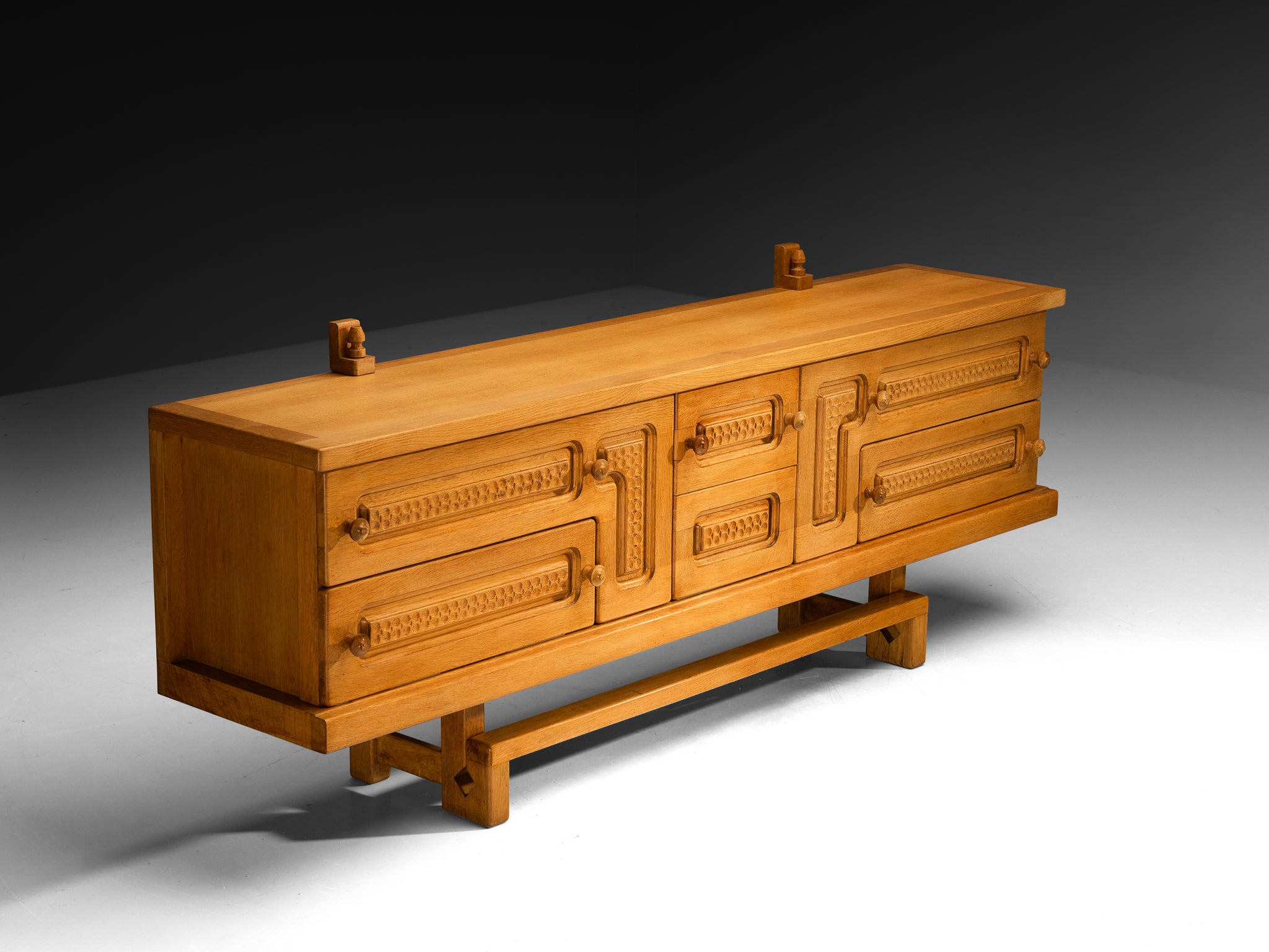 Guillerme & Chambron Angular Carved Sideboard in Solid Oak case pieces and storage cabinets Morentz