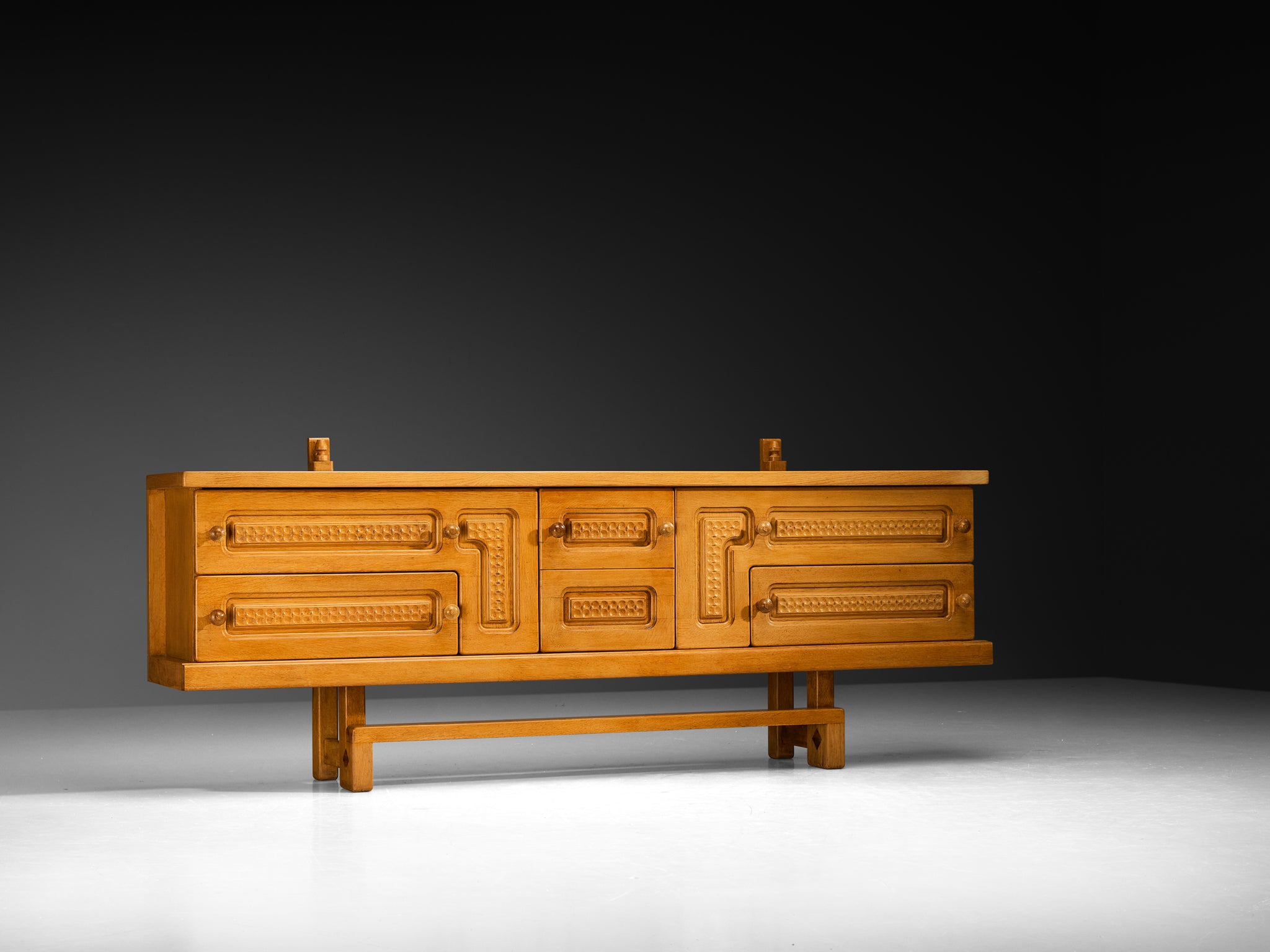 Guillerme & Chambron Angular Carved Sideboard in Solid Oak case pieces and storage cabinets Morentz