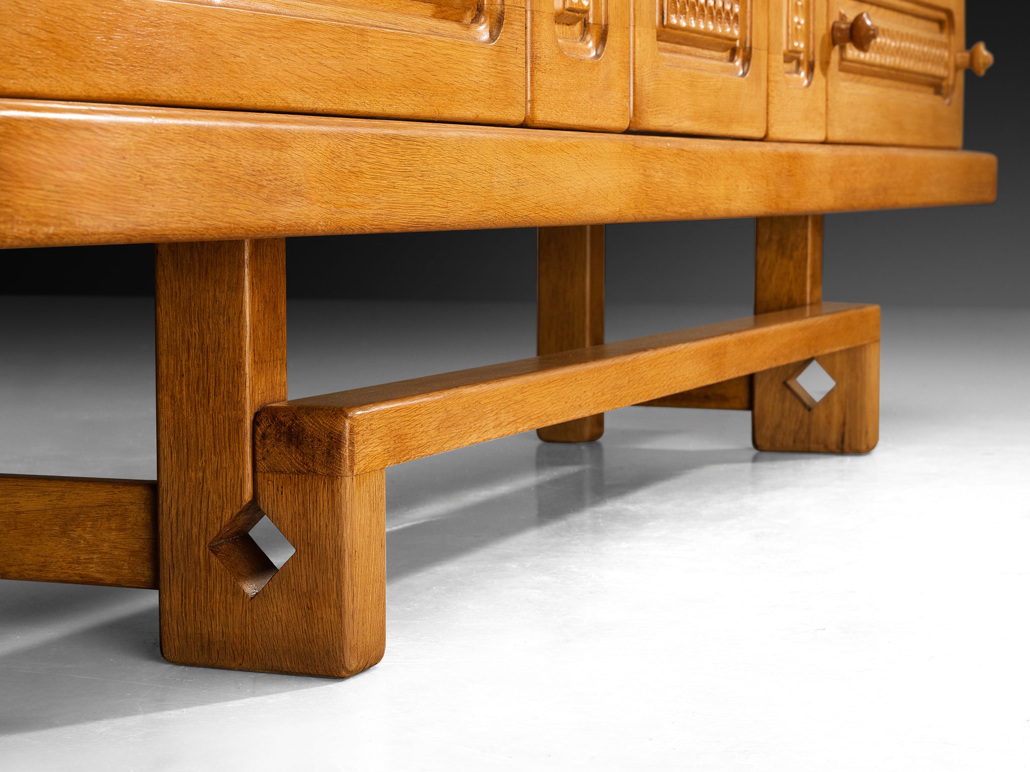 Guillerme & Chambron Angular Carved Sideboard in Solid Oak case pieces and storage cabinets Morentz