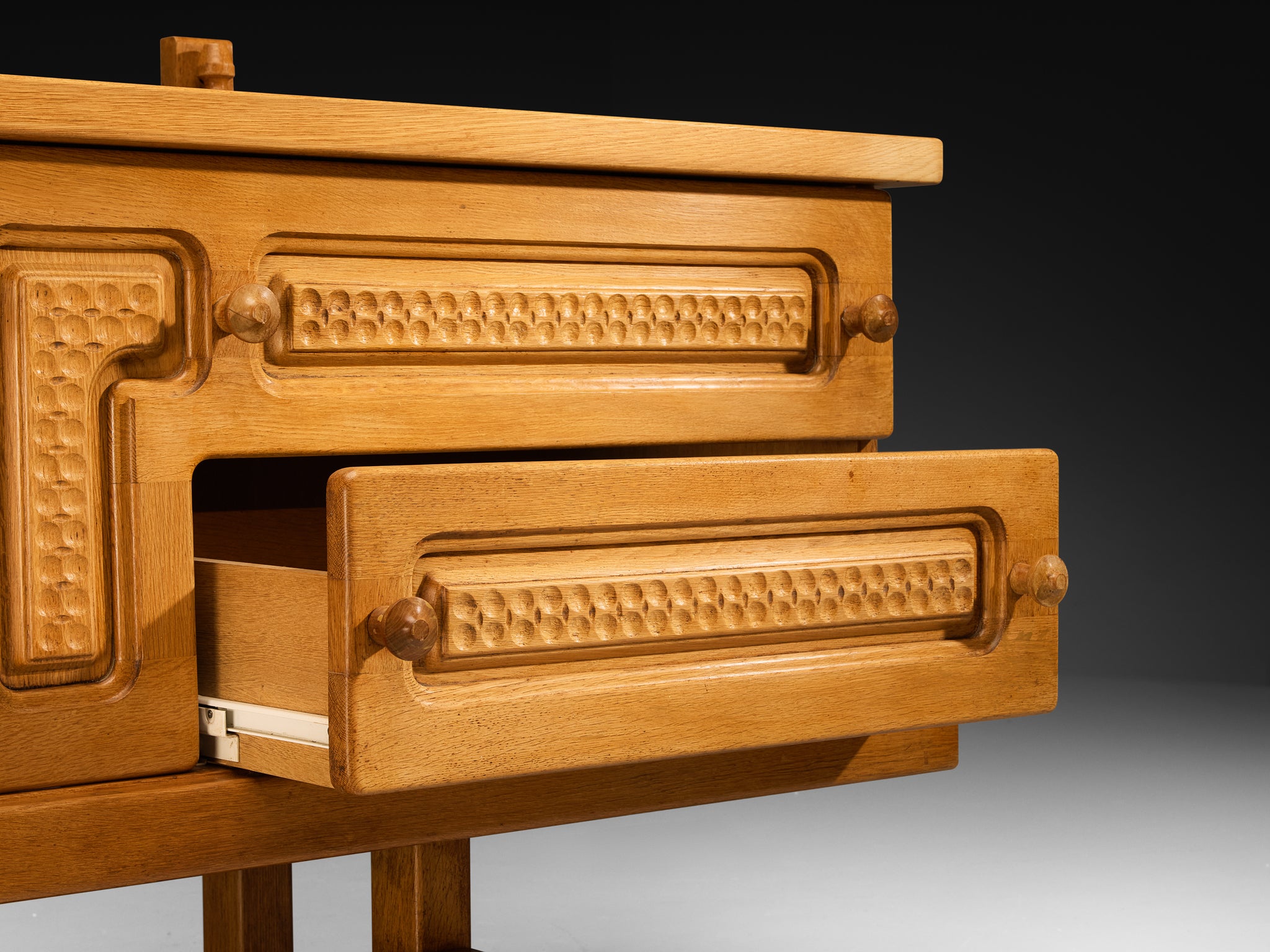 Guillerme & Chambron Angular Carved Sideboard in Solid Oak case pieces and storage cabinets Morentz