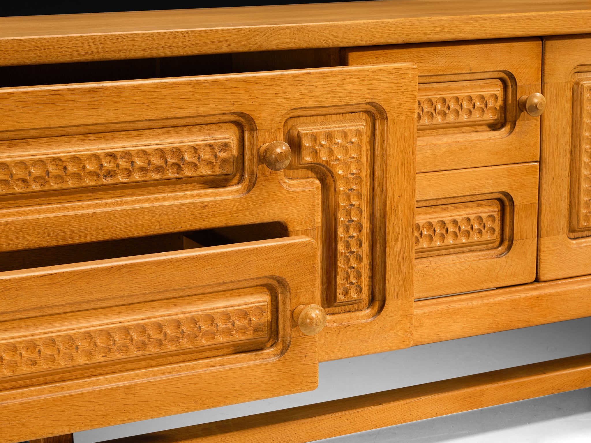 Guillerme & Chambron Angular Carved Sideboard in Solid Oak case pieces and storage cabinets Morentz