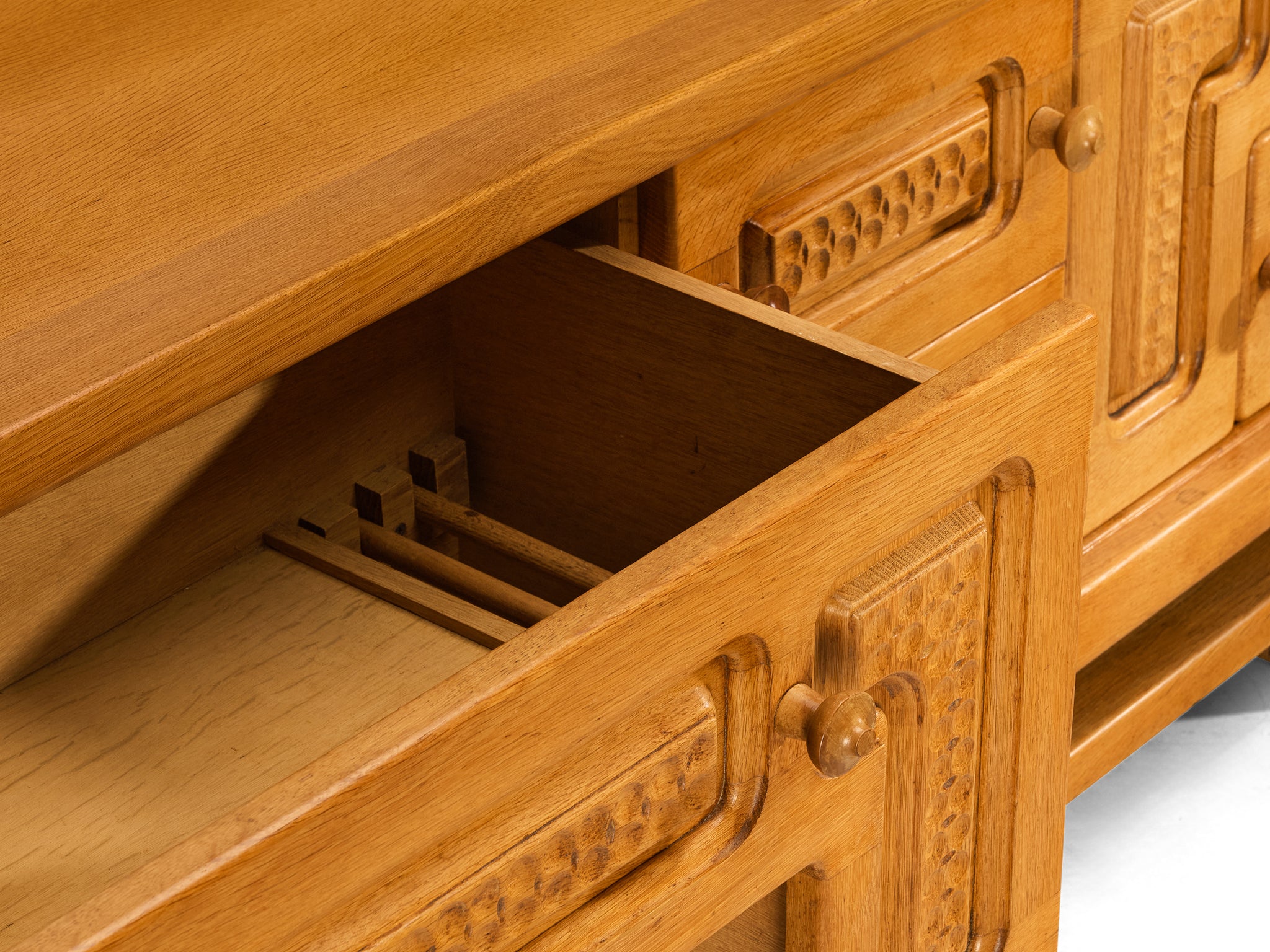Guillerme & Chambron Angular Carved Sideboard in Solid Oak case pieces and storage cabinets Morentz