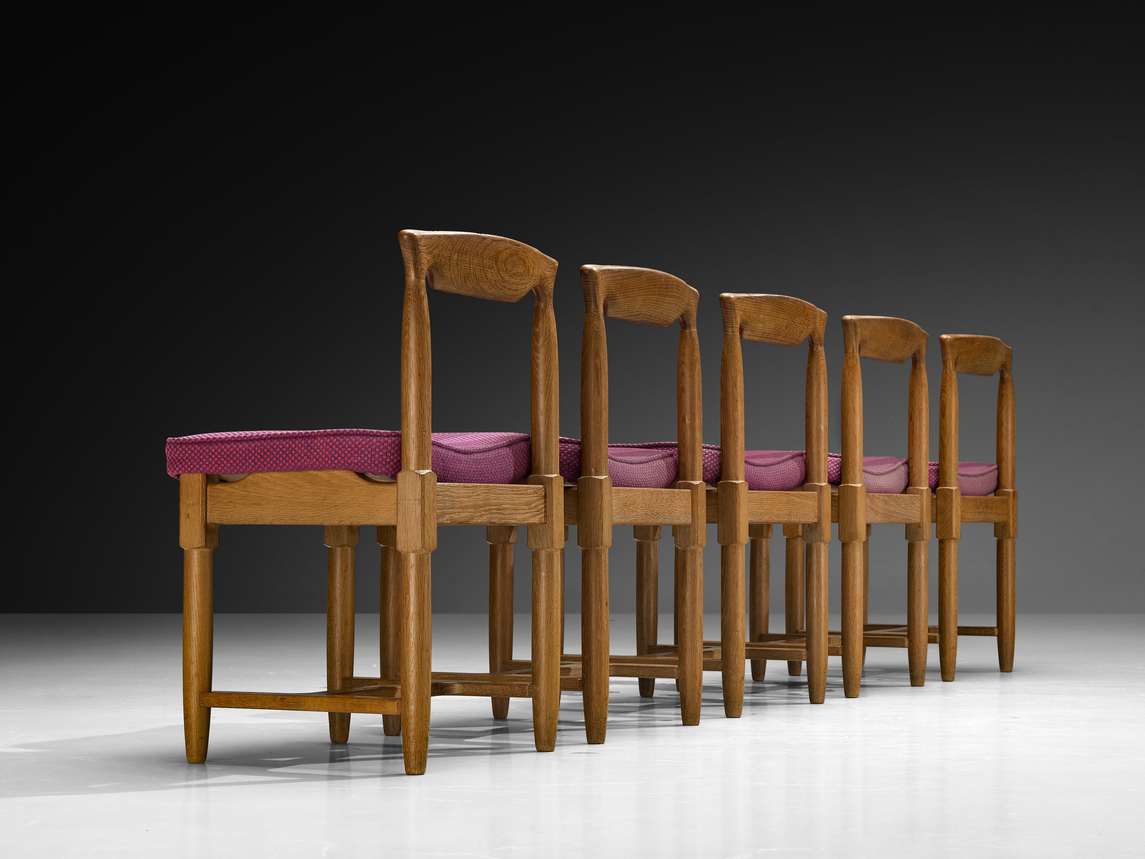 Guillerme & Chambron Set of Five Dining Chairs in Oak and Purple Wool Seating Morentz