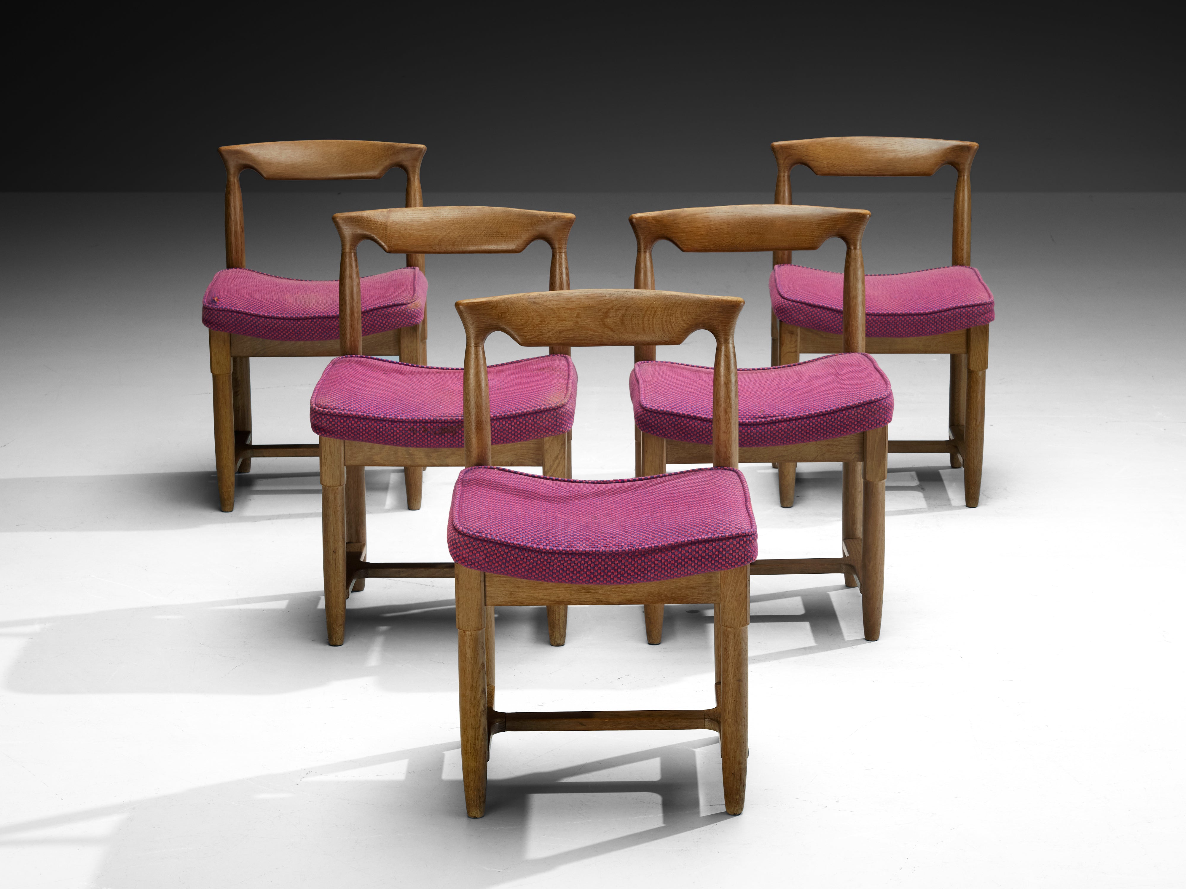 Guillerme & Chambron Set of Five Dining Chairs in Oak and Purple Wool Seating Morentz