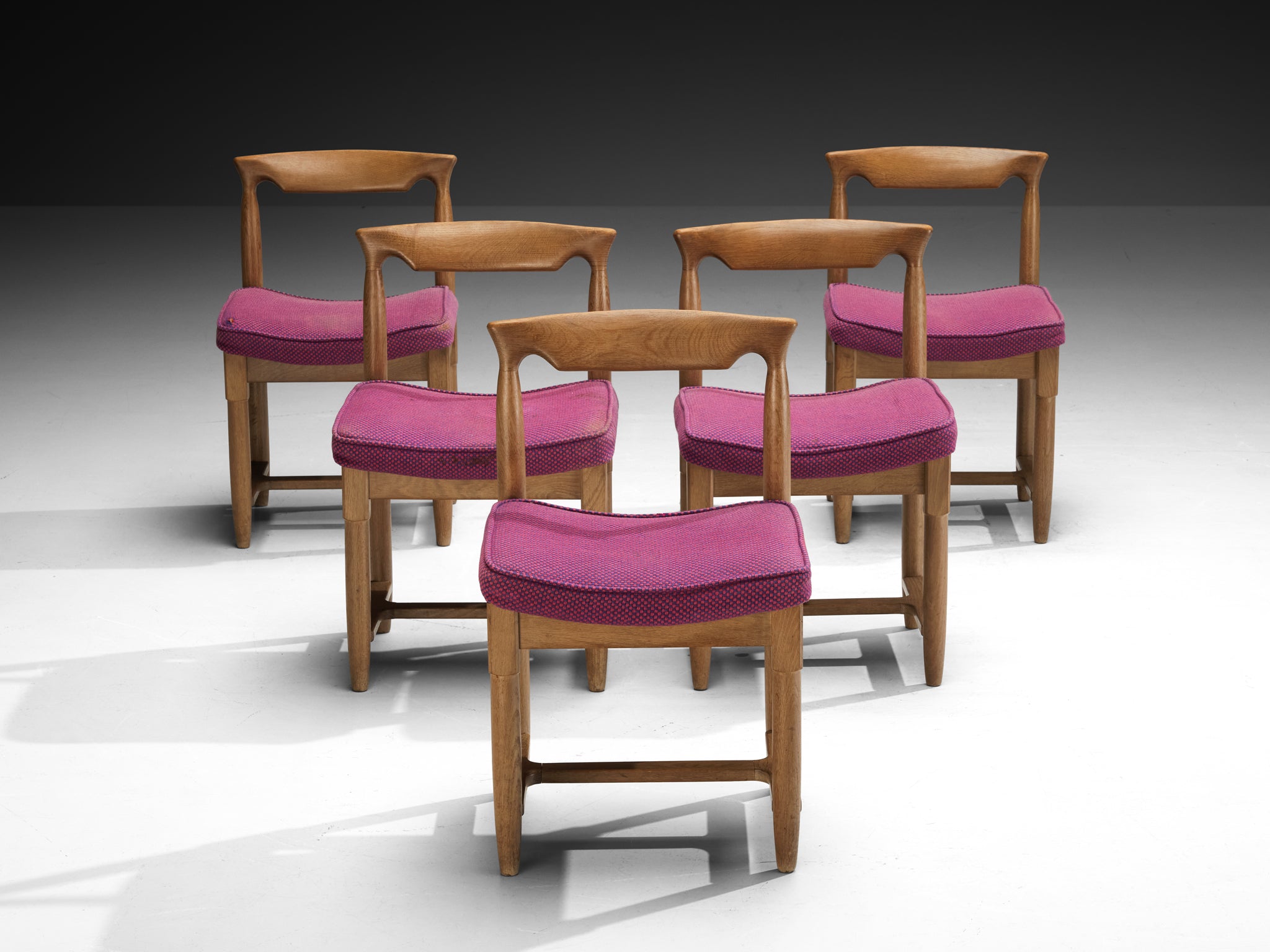Guillerme & Chambron Set of Five Dining Chairs in Oak and Purple Wool Seating Morentz