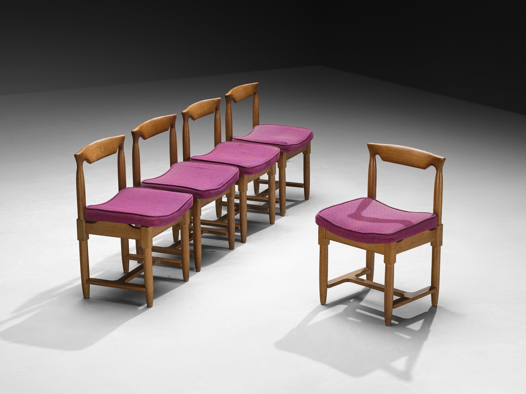 Guillerme & Chambron Set of Five Dining Chairs in Oak and Purple Wool Seating Morentz