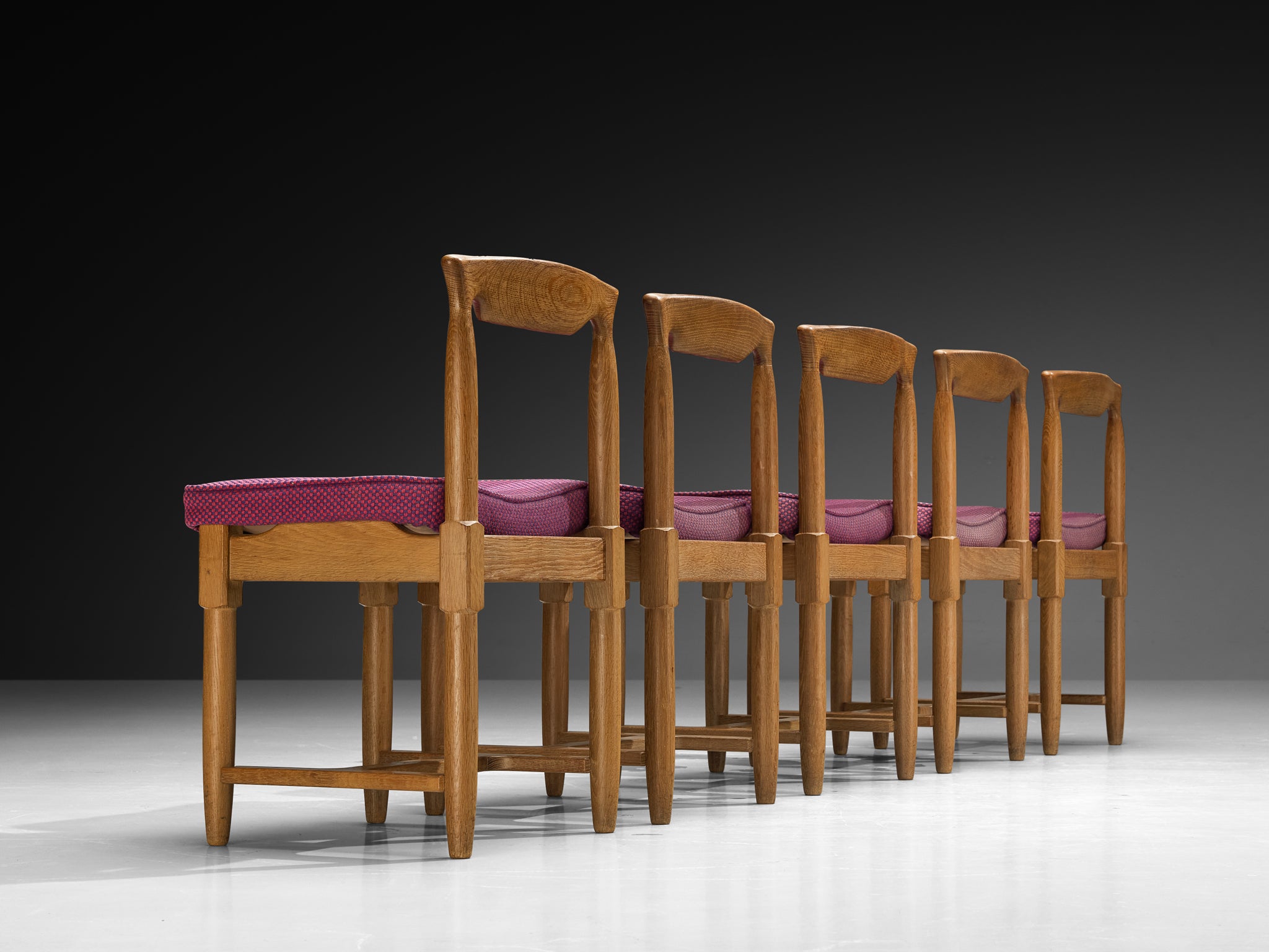 Guillerme & Chambron Set of Five Dining Chairs in Oak and Purple Wool Seating Morentz