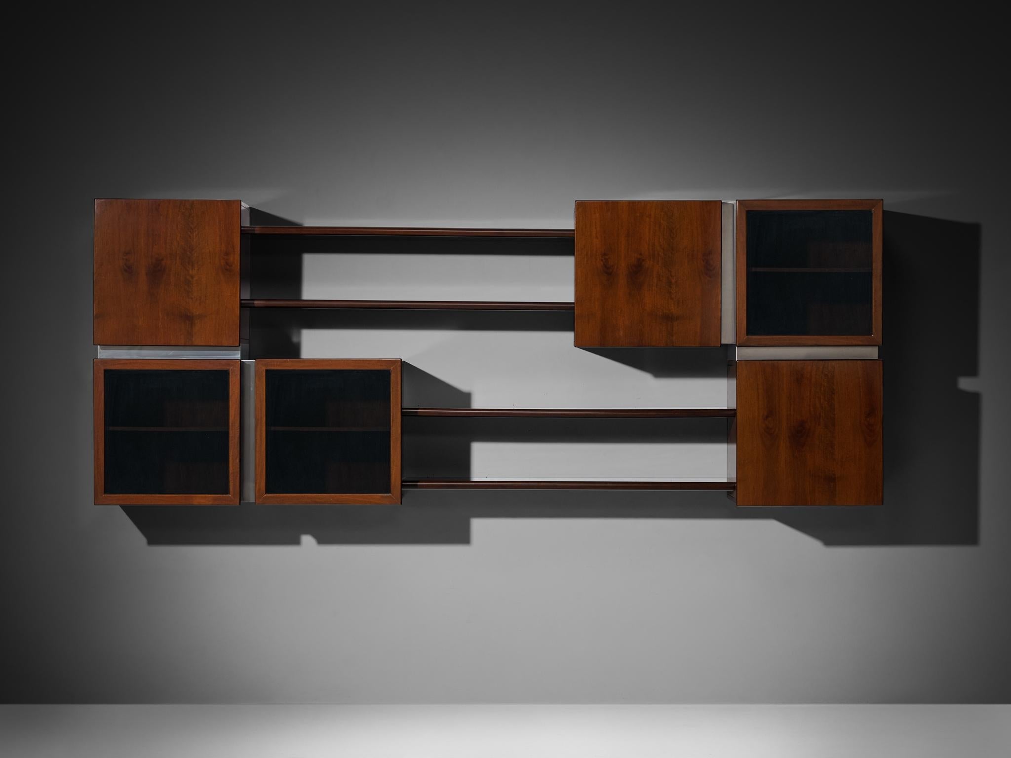 Italian Modular Shelving Wall Unit with Cabinets in Walnut Stainless Steel wall decorations Morentz