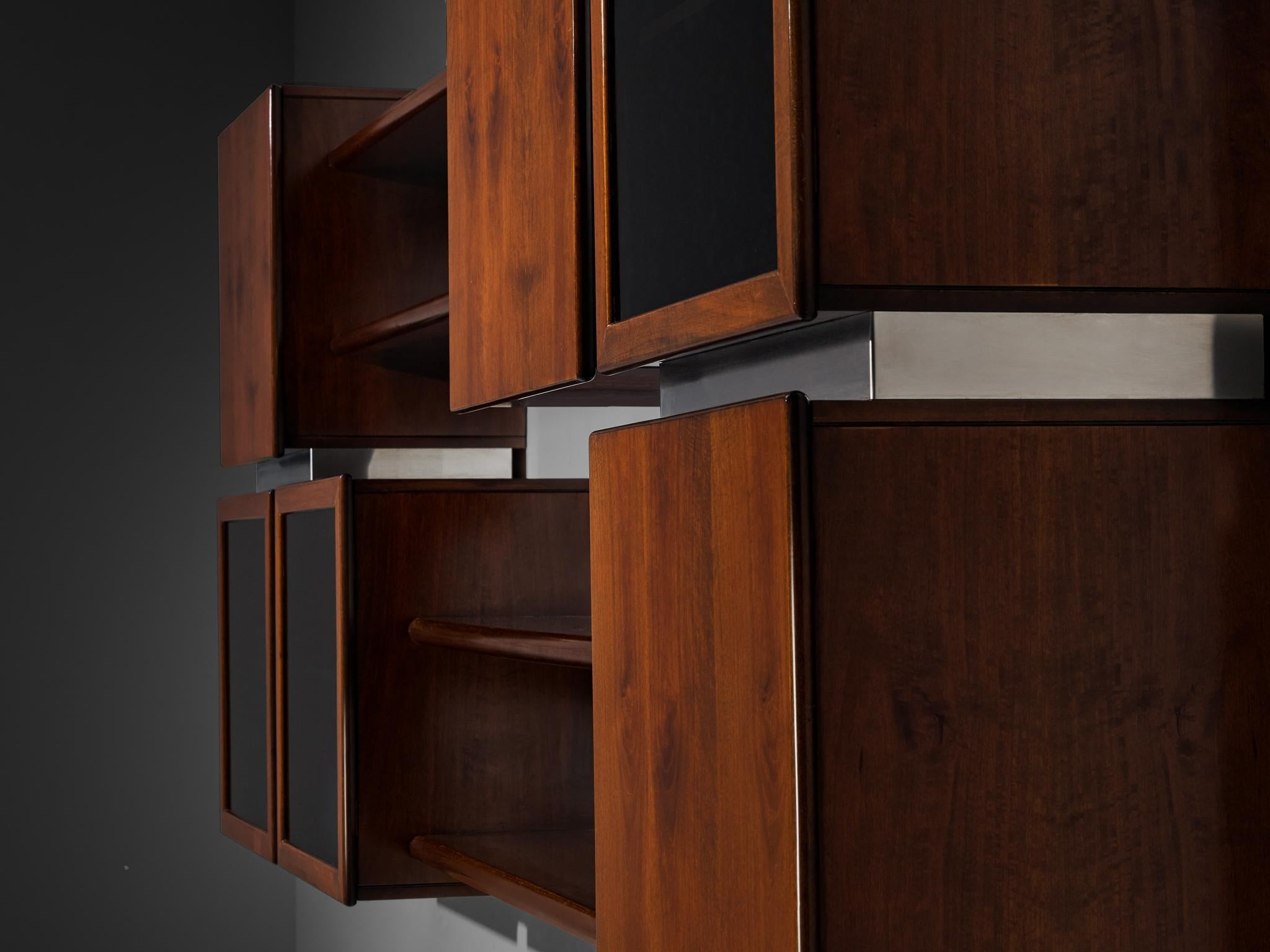 Italian Modular Shelving Wall Unit with Cabinets in Walnut Stainless Steel wall decorations Morentz
