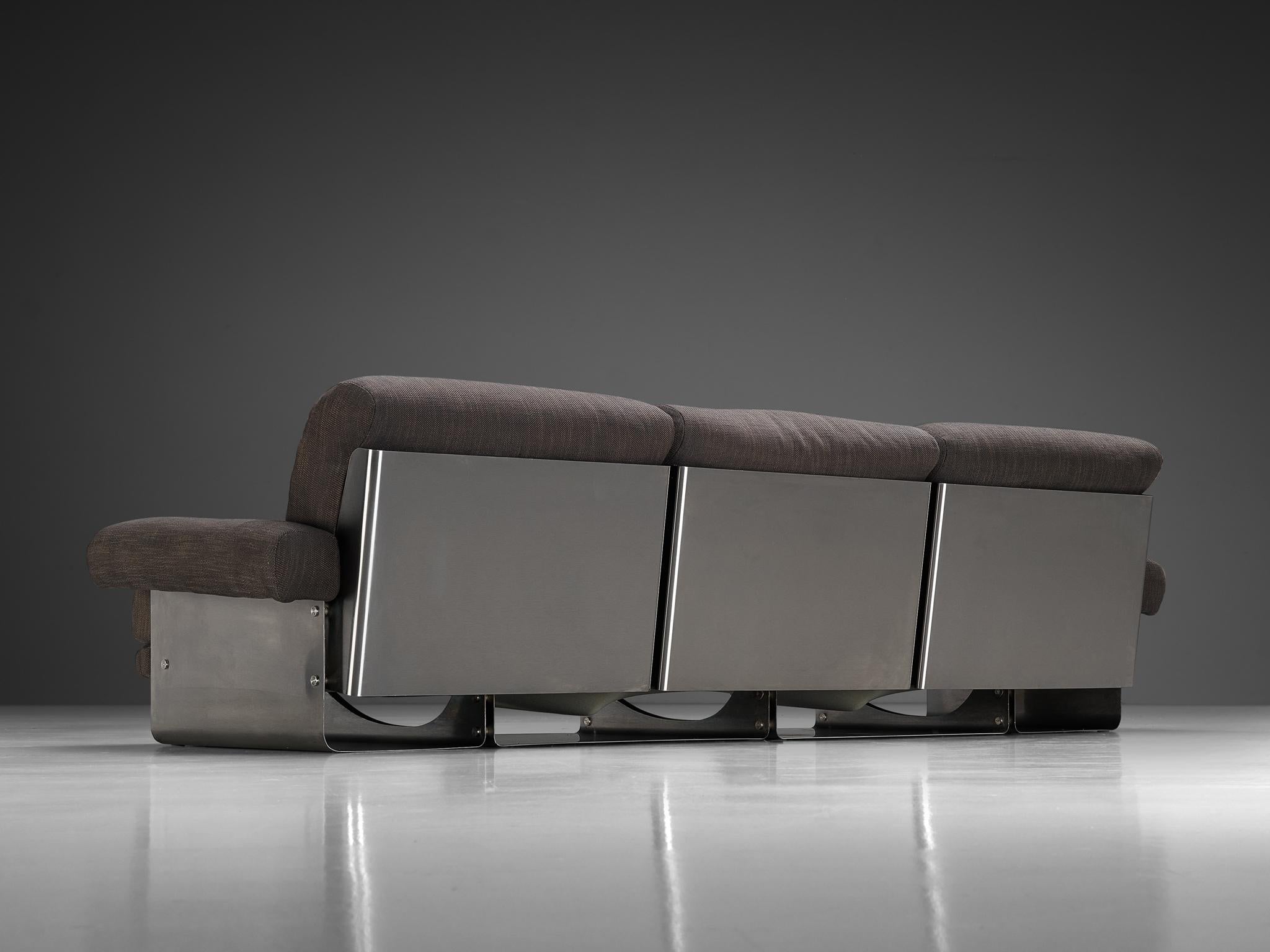 Post-Modern French Three-Seat Sofa in Brushed Steel & Grey Upholstery 1970s seating Morentz