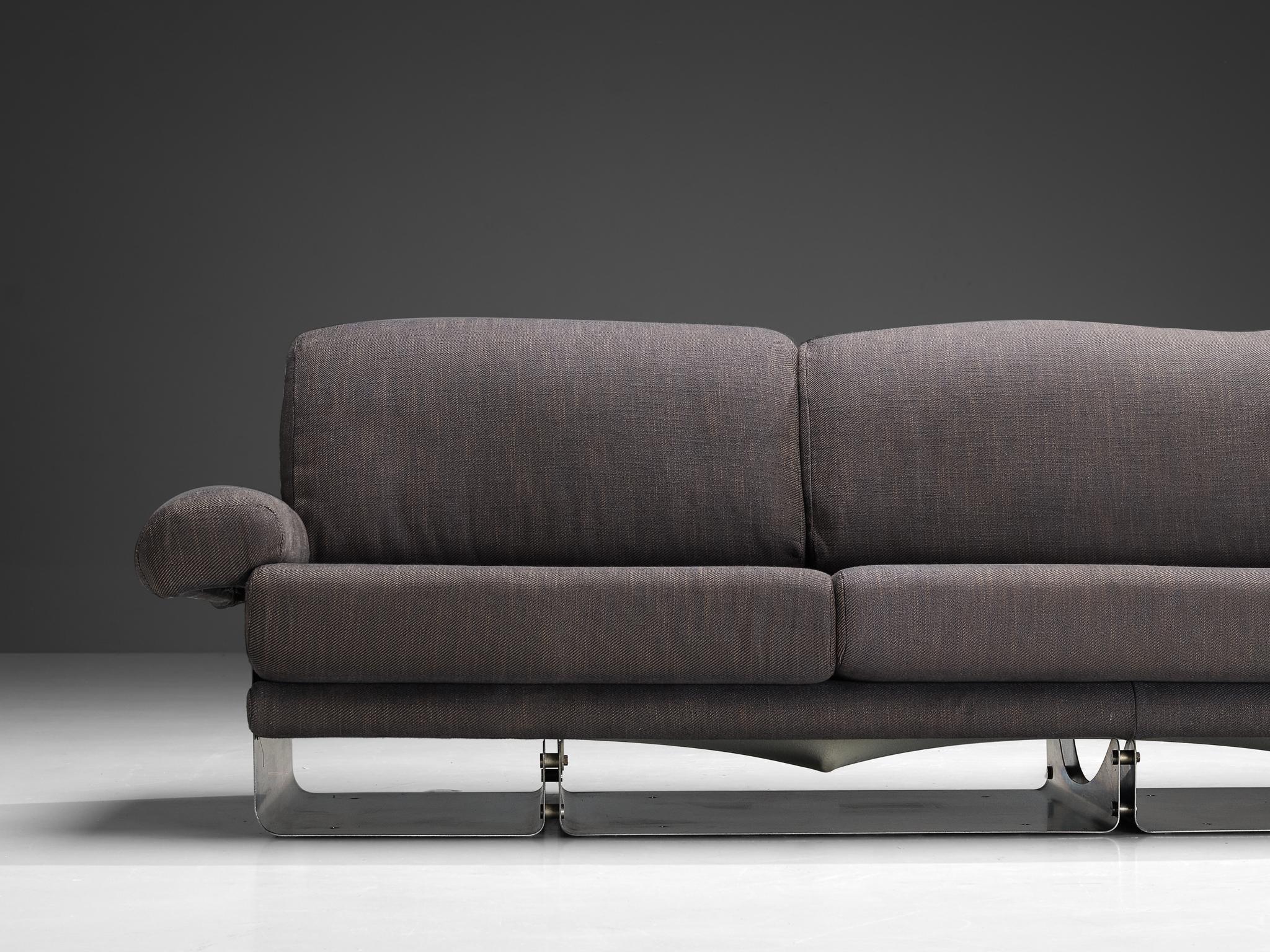 Post-Modern French Three-Seat Sofa in Brushed Steel & Grey Upholstery 1970s seating Morentz