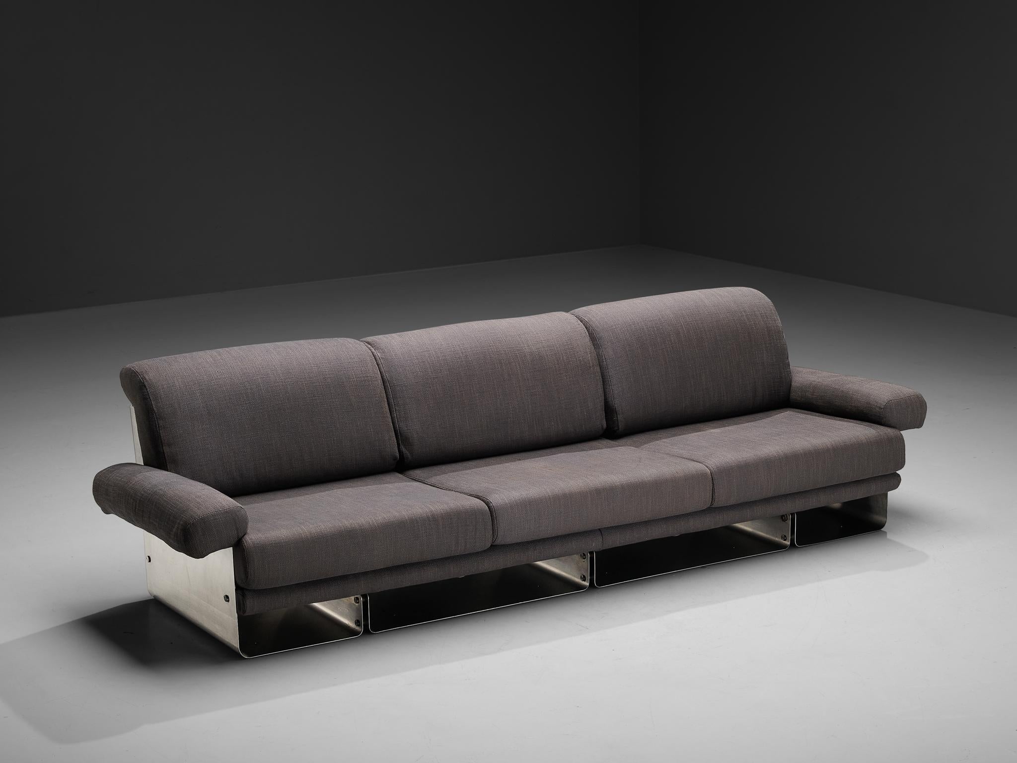 Post-Modern French Three-Seat Sofa in Brushed Steel & Grey Upholstery 1970s seating Morentz