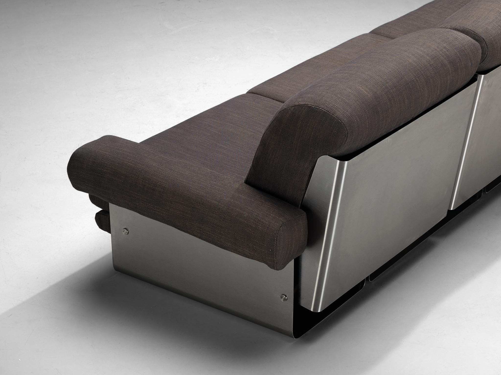 Post-Modern French Three-Seat Sofa in Brushed Steel & Grey Upholstery 1970s seating Morentz