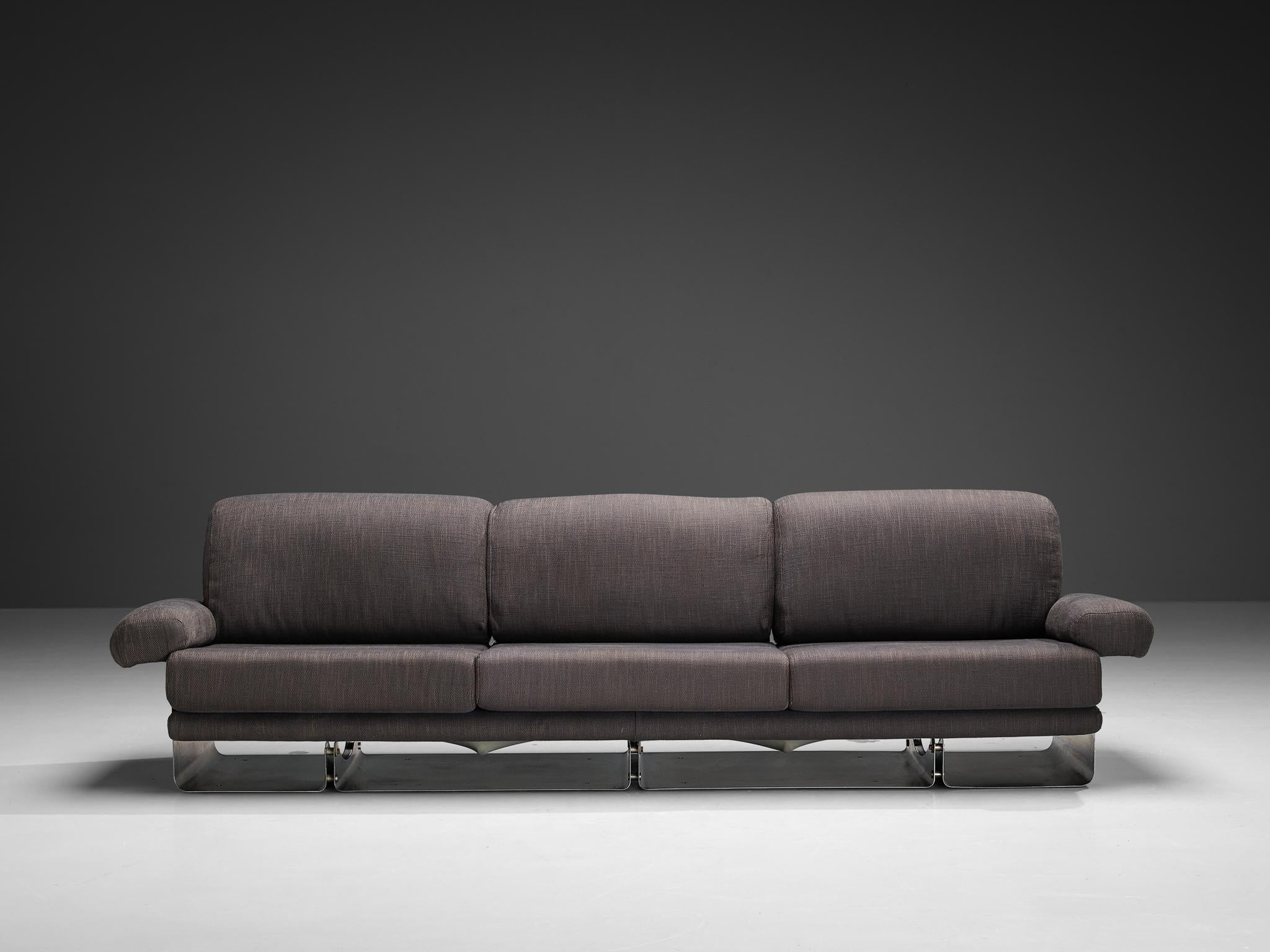 Post-Modern French Three-Seat Sofa in Brushed Steel & Grey Upholstery 1970s seating Morentz