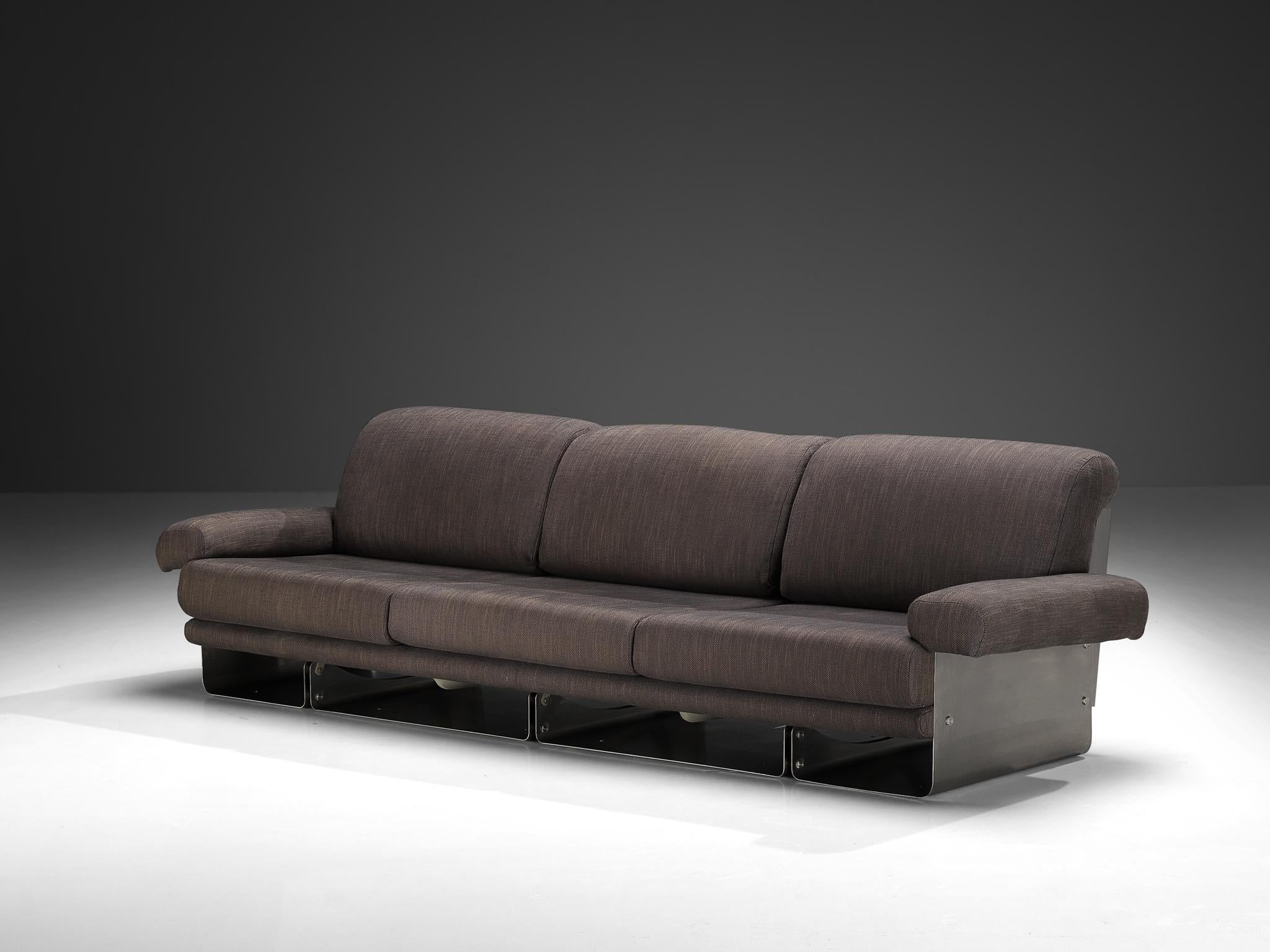 Post-Modern French Three-Seat Sofa in Brushed Steel & Grey Upholstery 1970s seating Morentz